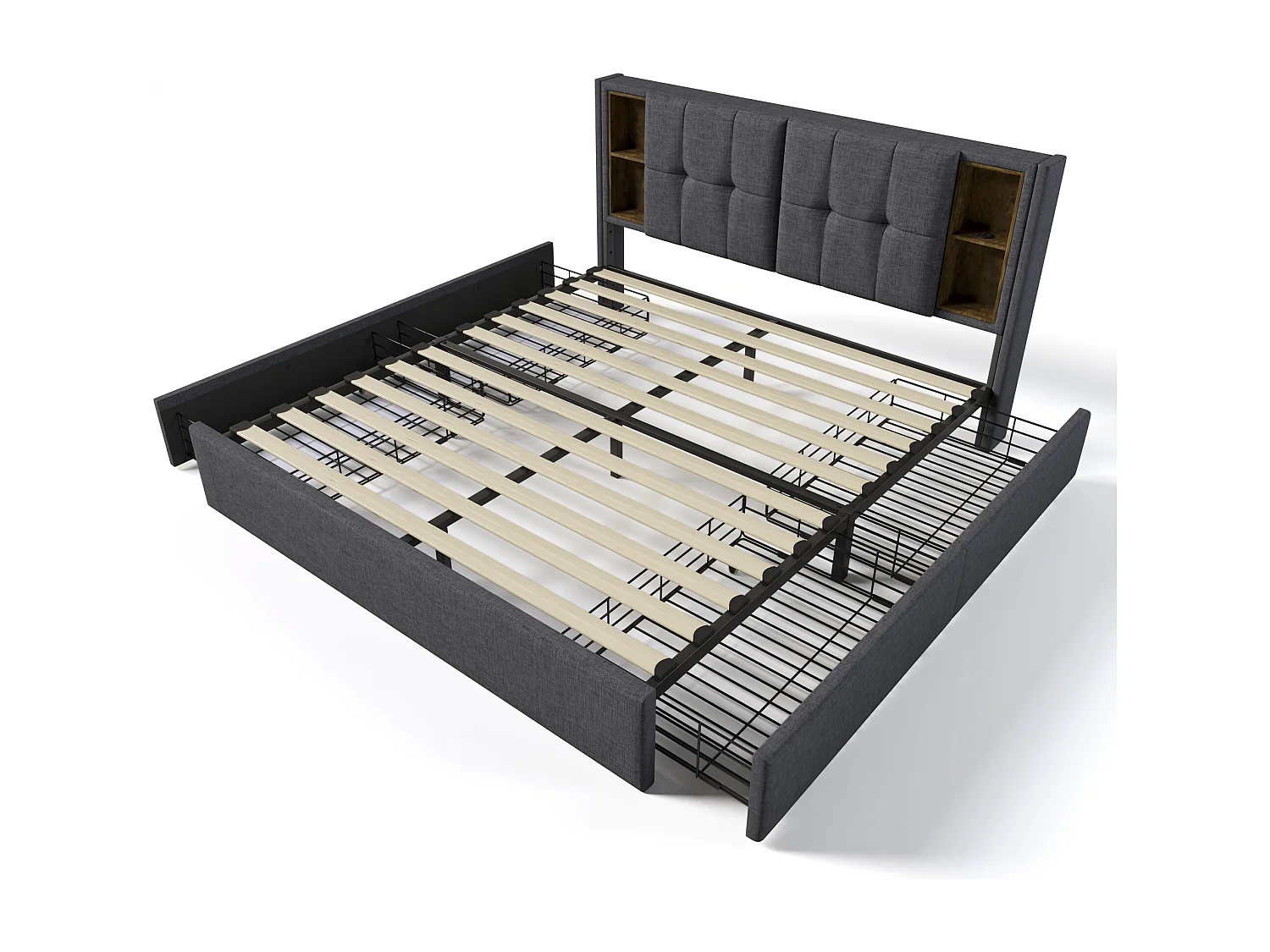 Tweepersoonsbed 160x200 cm met 4 lades, draadloos USB-opladen, grijs linnen frame met houten lattenbodem (zonder matras)