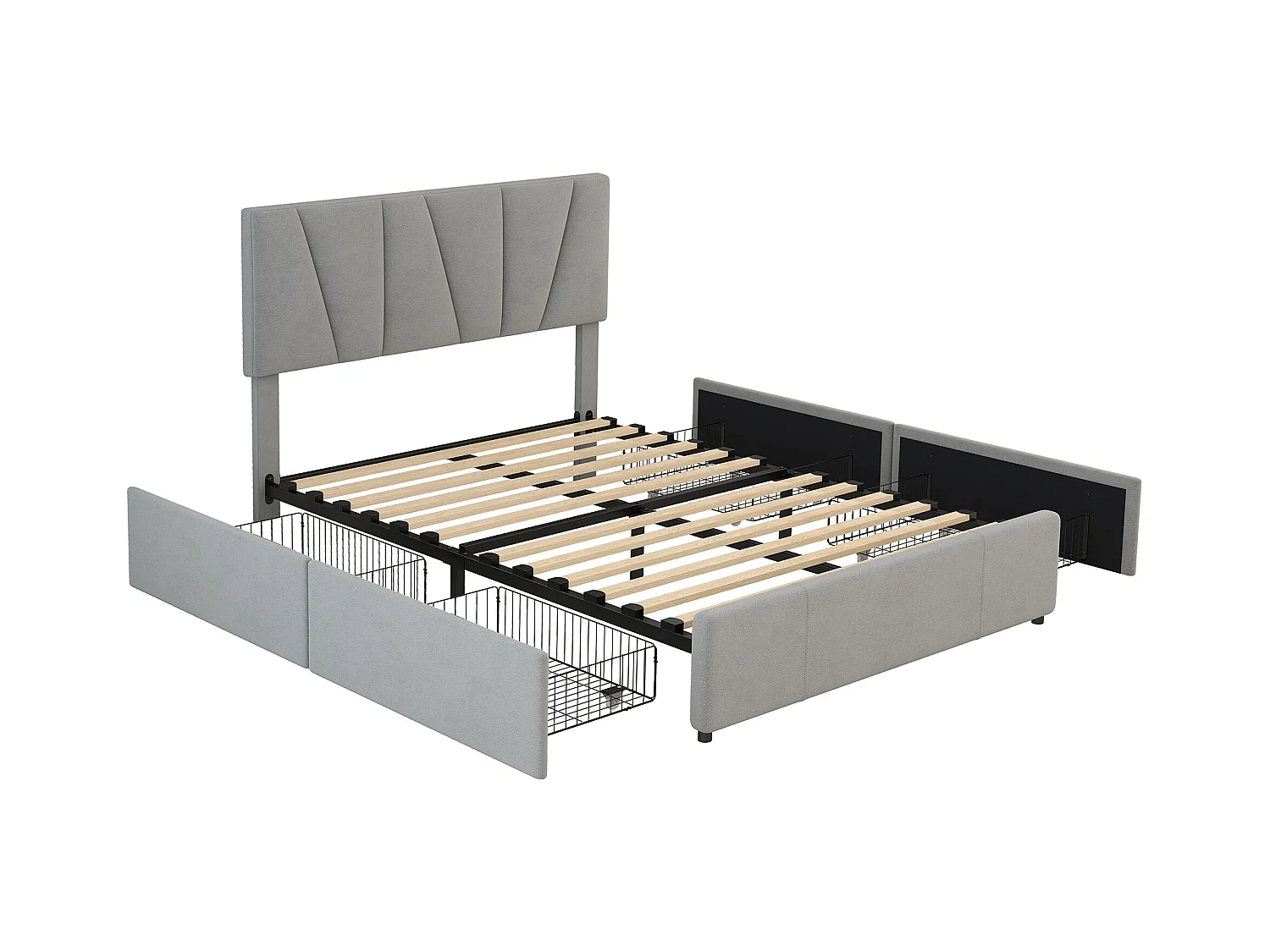 Lit adulte 140x200 cm avec 4 tiroirs et tête de lit réglable, velours Gris,sans matelas