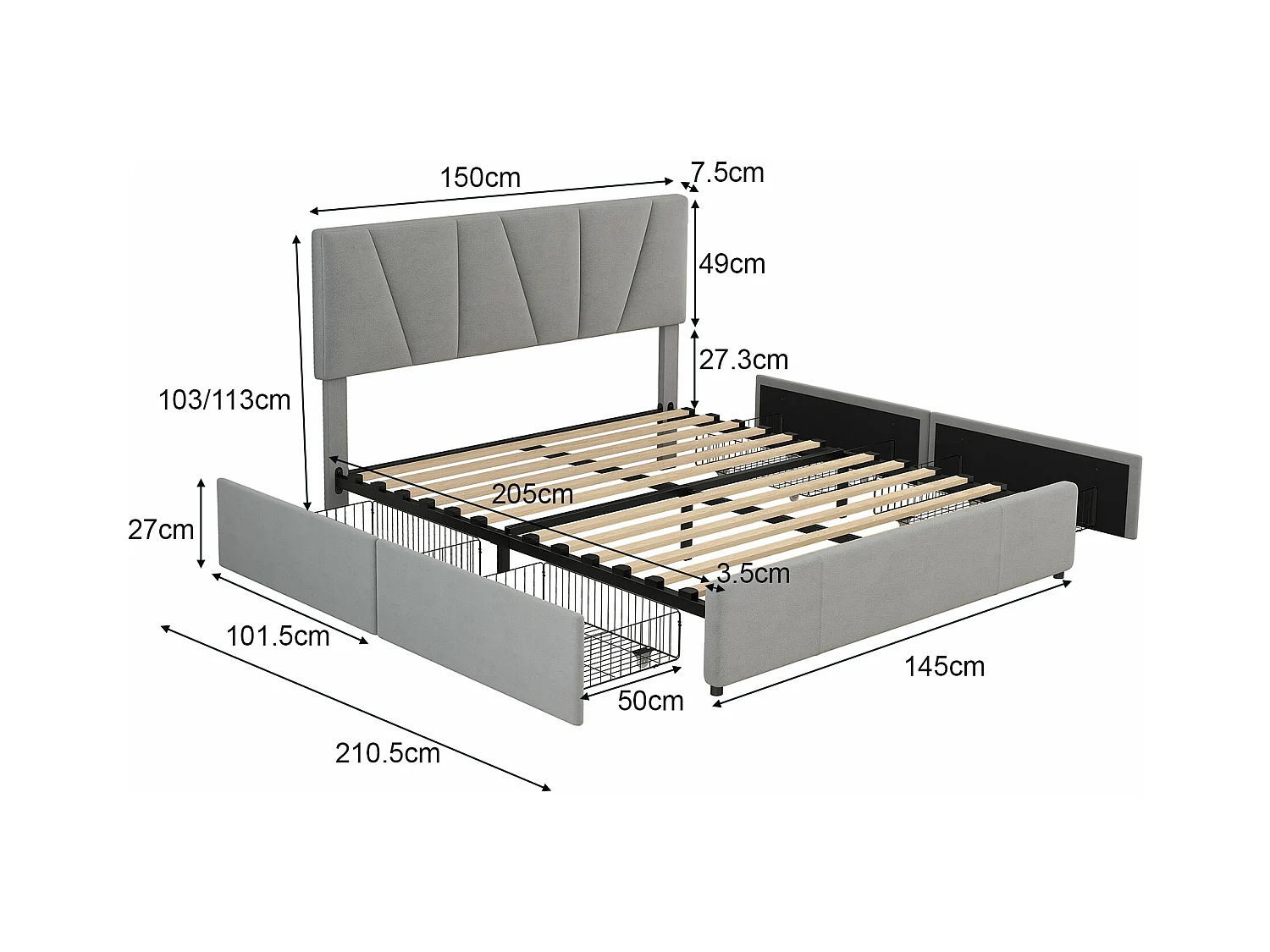 Lit adulte 140x200 cm avec 4 tiroirs et tête de lit réglable, velours Gris,sans matelas