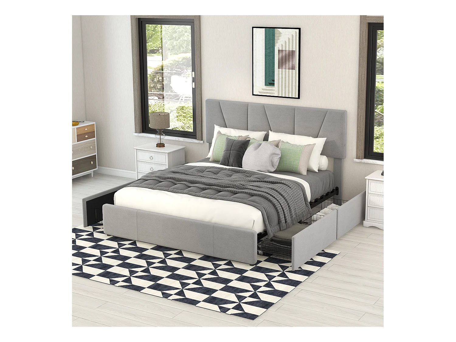 Lit adulte 140x200 cm avec 4 tiroirs et tête de lit réglable, velours Gris,sans matelas