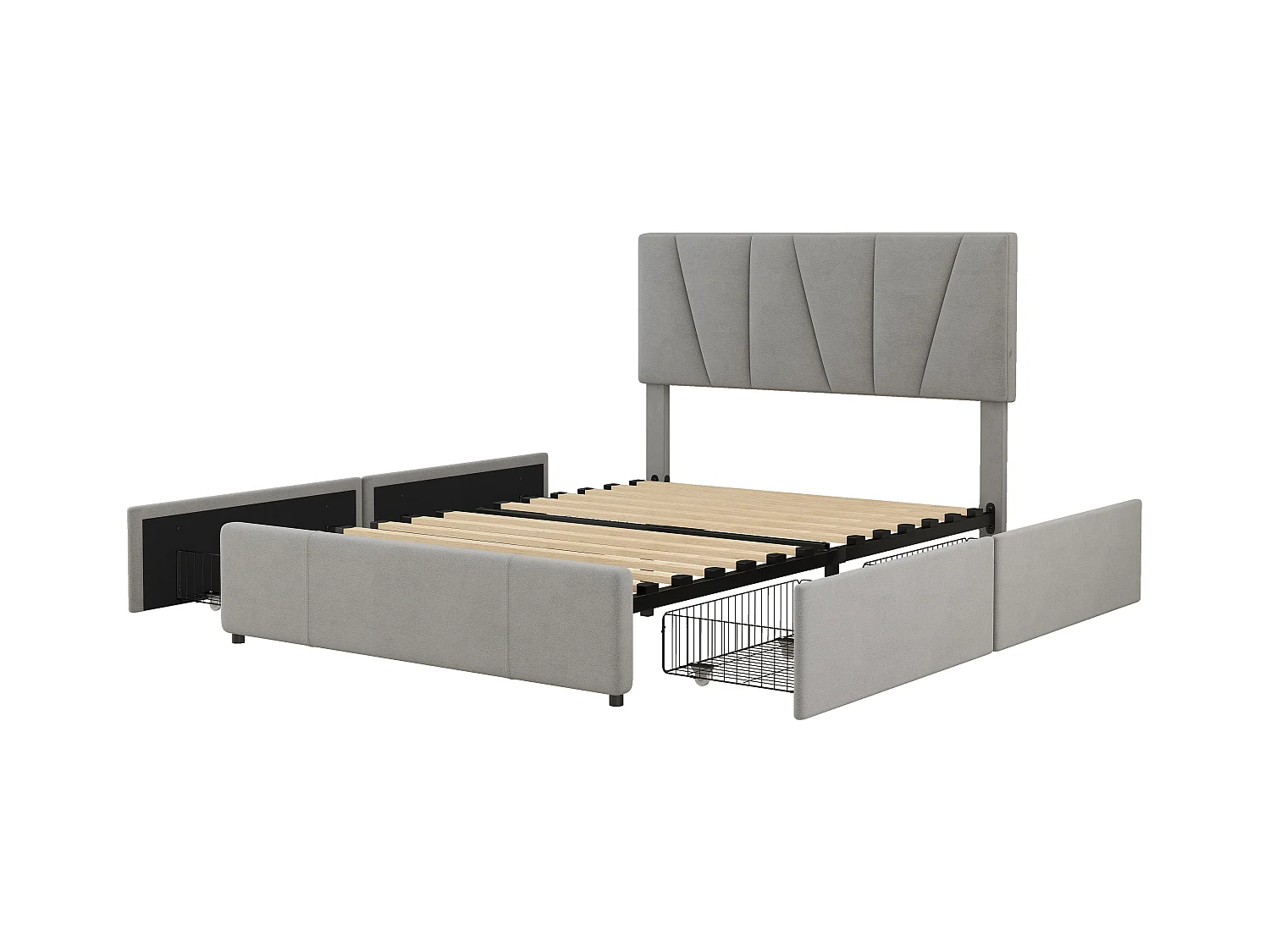 Lit adulte 140x200 cm avec 4 tiroirs et tête de lit réglable, velours Gris,sans matelas