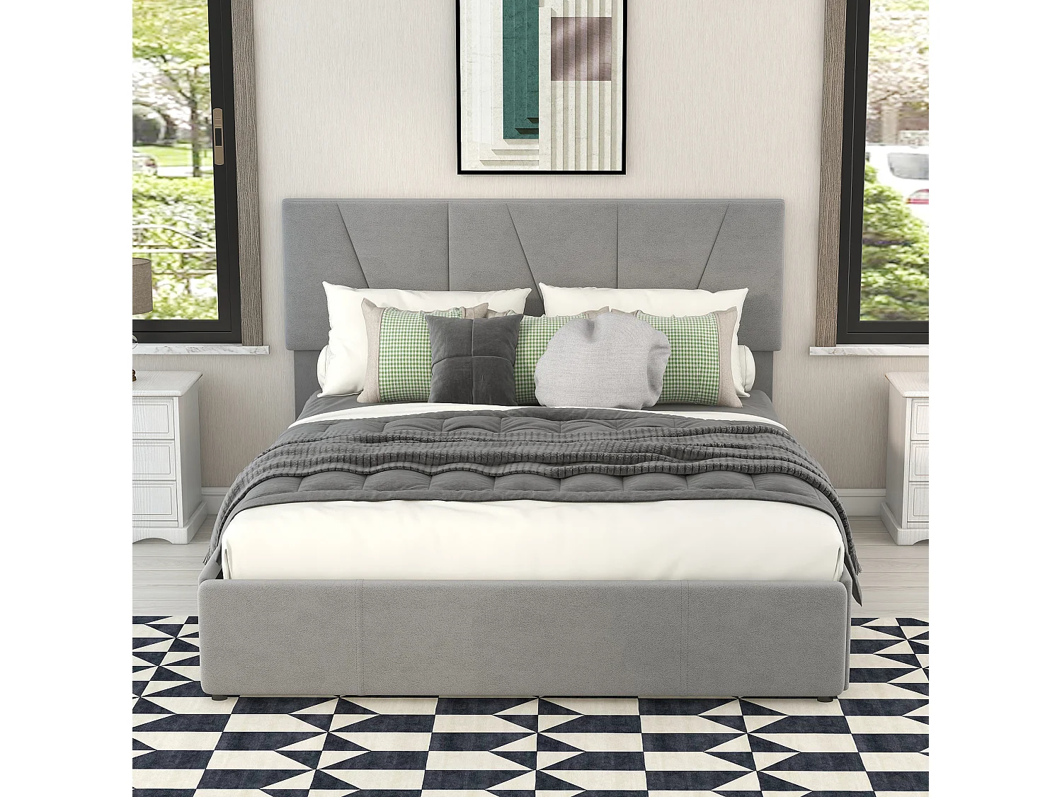 Lit adulte 140x200 cm avec 4 tiroirs et tête de lit réglable, velours Gris,sans matelas