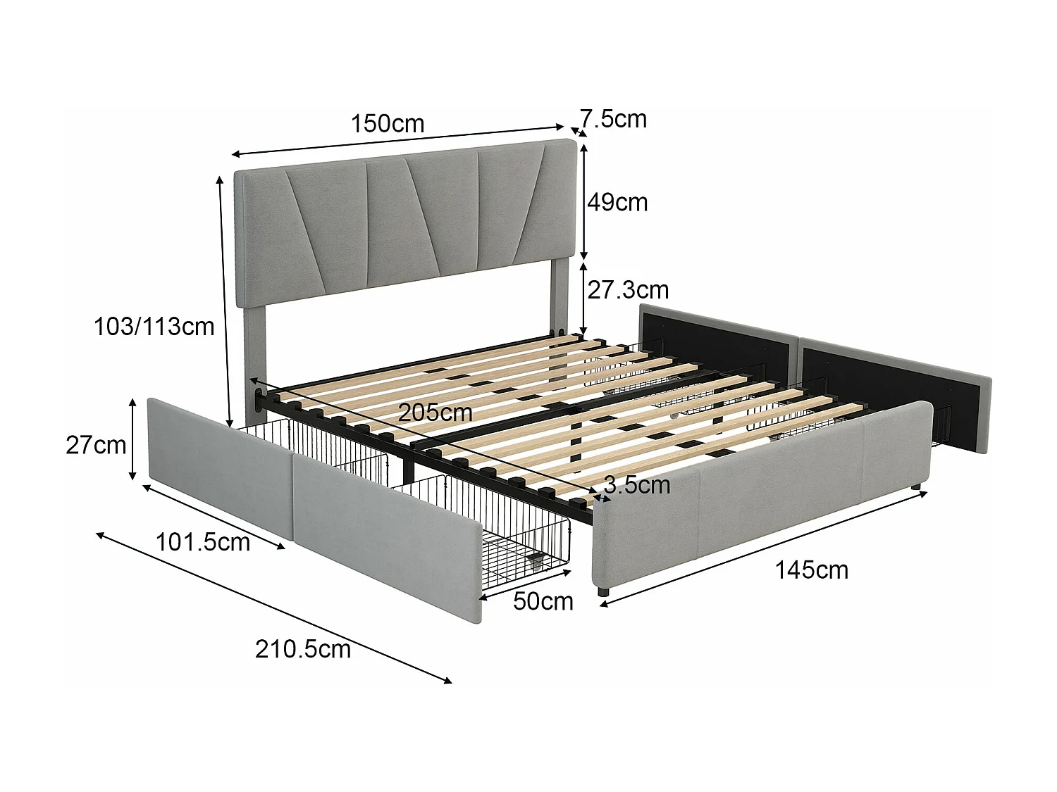 Lit adulte 140x200 cm avec 4 tiroirs et tête de lit réglable, velours Gris,sans matelas