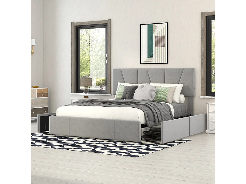 Tweepersoonsbed 140x200 cm met verstelbaar hoofdbord en geïntegreerde opbergruimte – grijs (zonder matras)