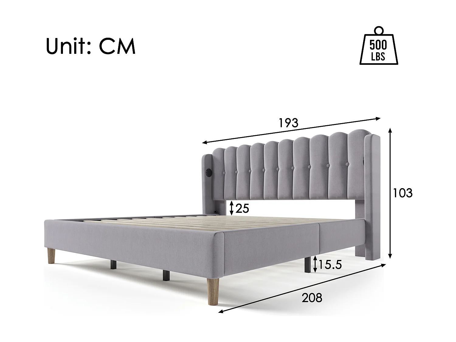 Cama de casal 180x200 cm com carregamento USB Type-C, em linho cinza, para quarto de adolescente ou hóspedes (sem colchão)