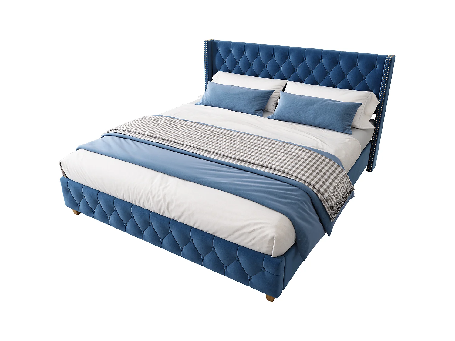 Lit adulte 160x200cm velours bleu - Tête de lit rembourrée -  Sommier à lattes inclus (sans matelas)