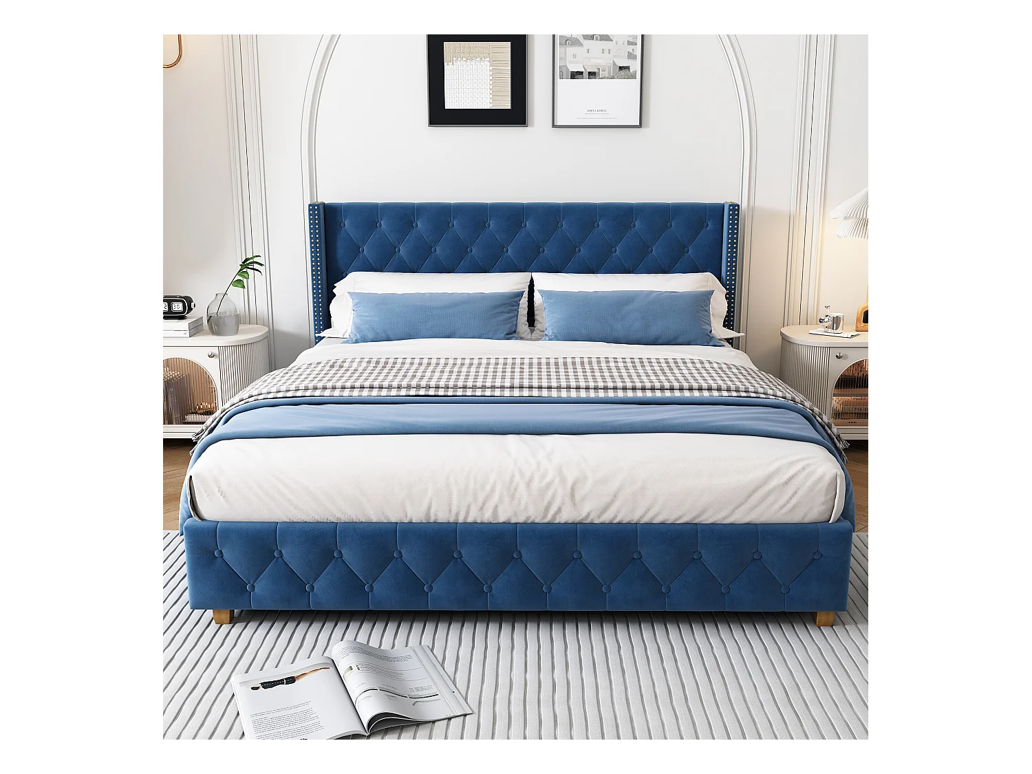 Tweepersoonsbed 160x200 cm in blauw fluweel met gevoerd hoofdbord en lattenbodem inbegrepen (zonder matras)