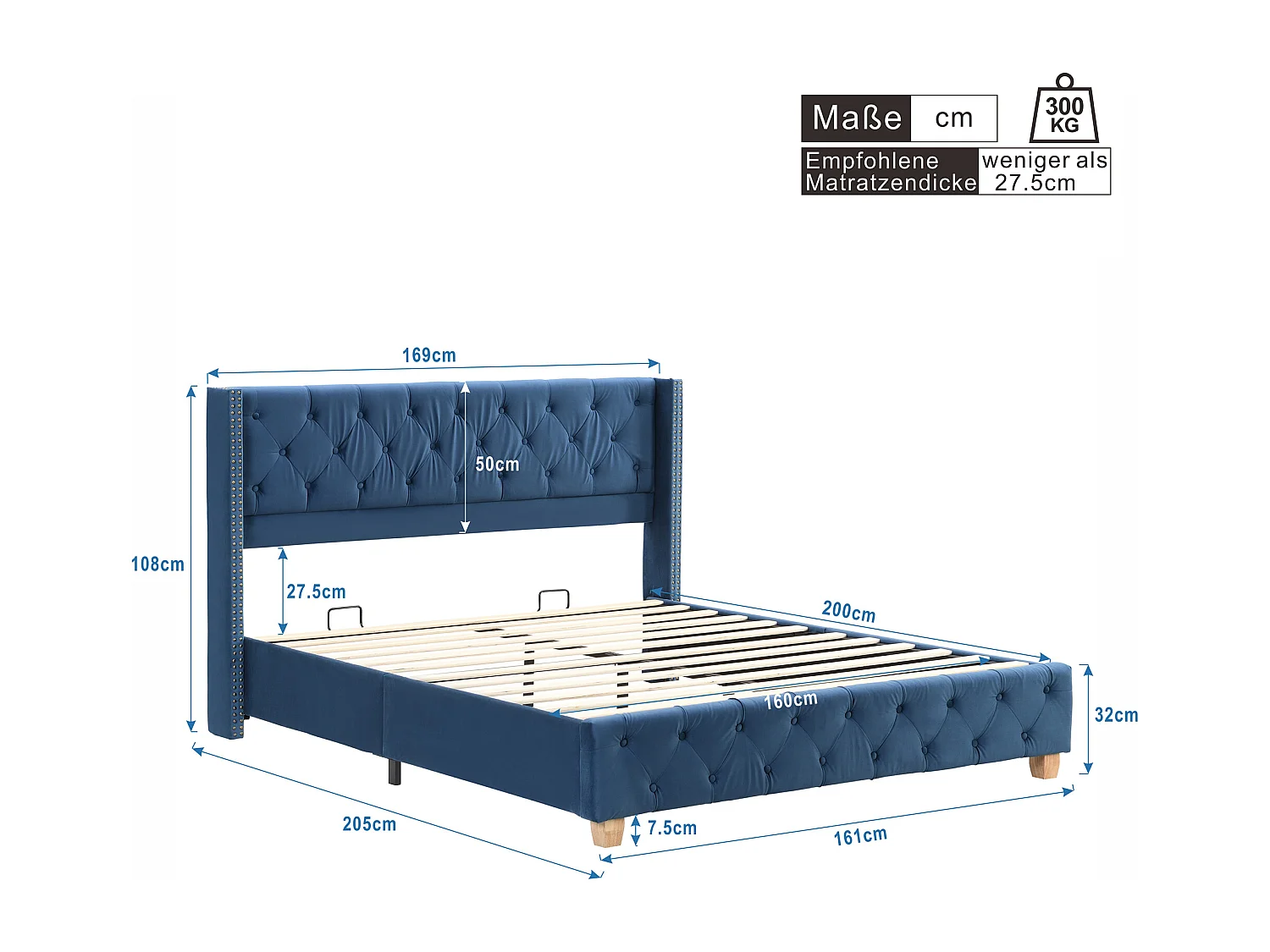 Cama de casal 160x200 cm em veludo azul com cabeceira acolchoada e estrado de ripas incluído (sem colchão)