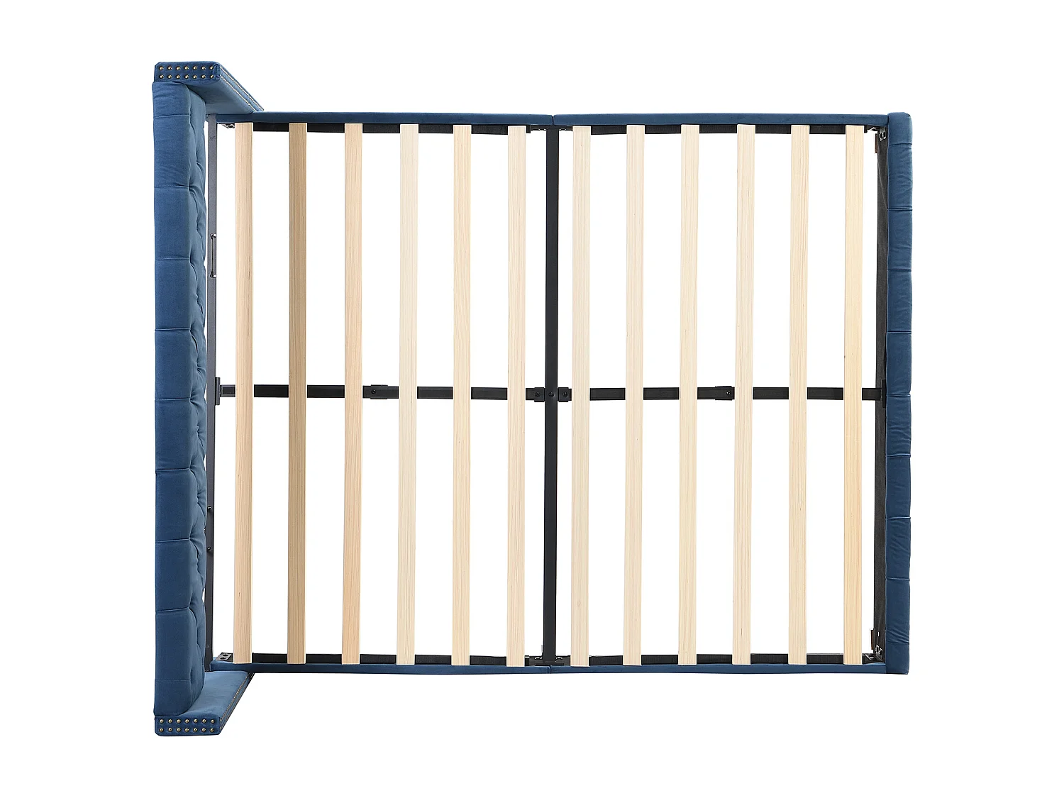 Cama de casal 160x200 cm em veludo azul com cabeceira acolchoada e estrado de ripas incluído (sem colchão)