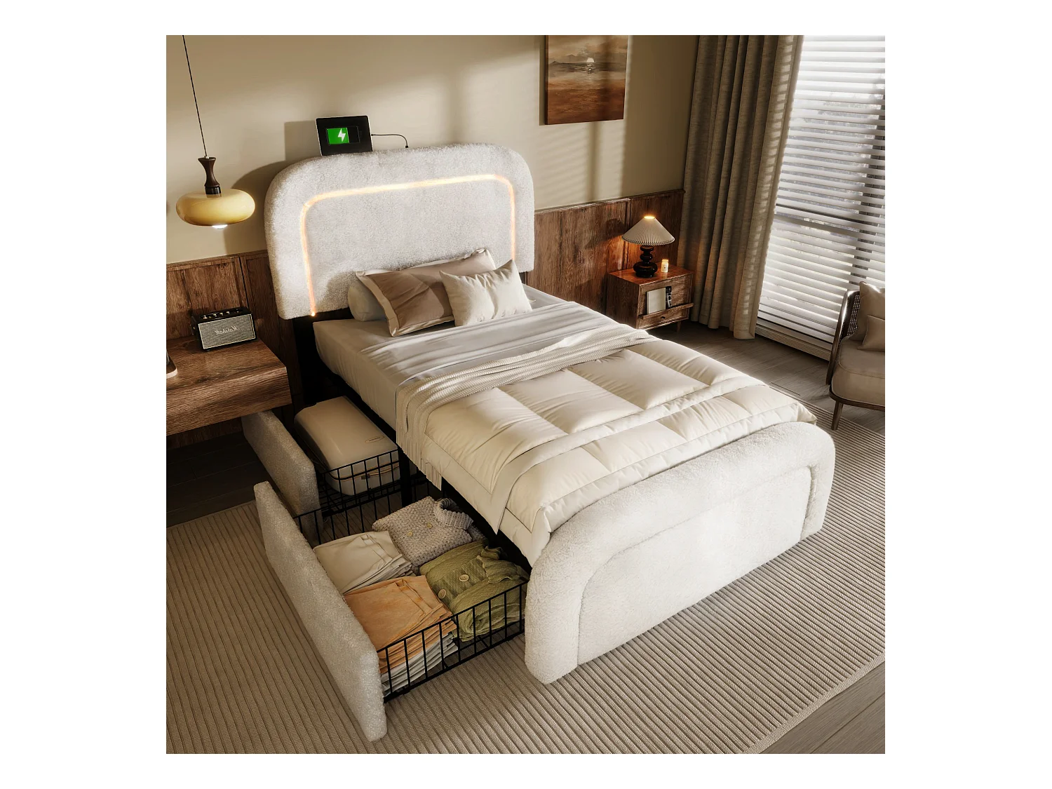 Lit enfant 90x200 cm avec USB Type-C, éclairage LED, 2 tiroirs, tête de lit réglable, en sherpa blanc (sans matelas)