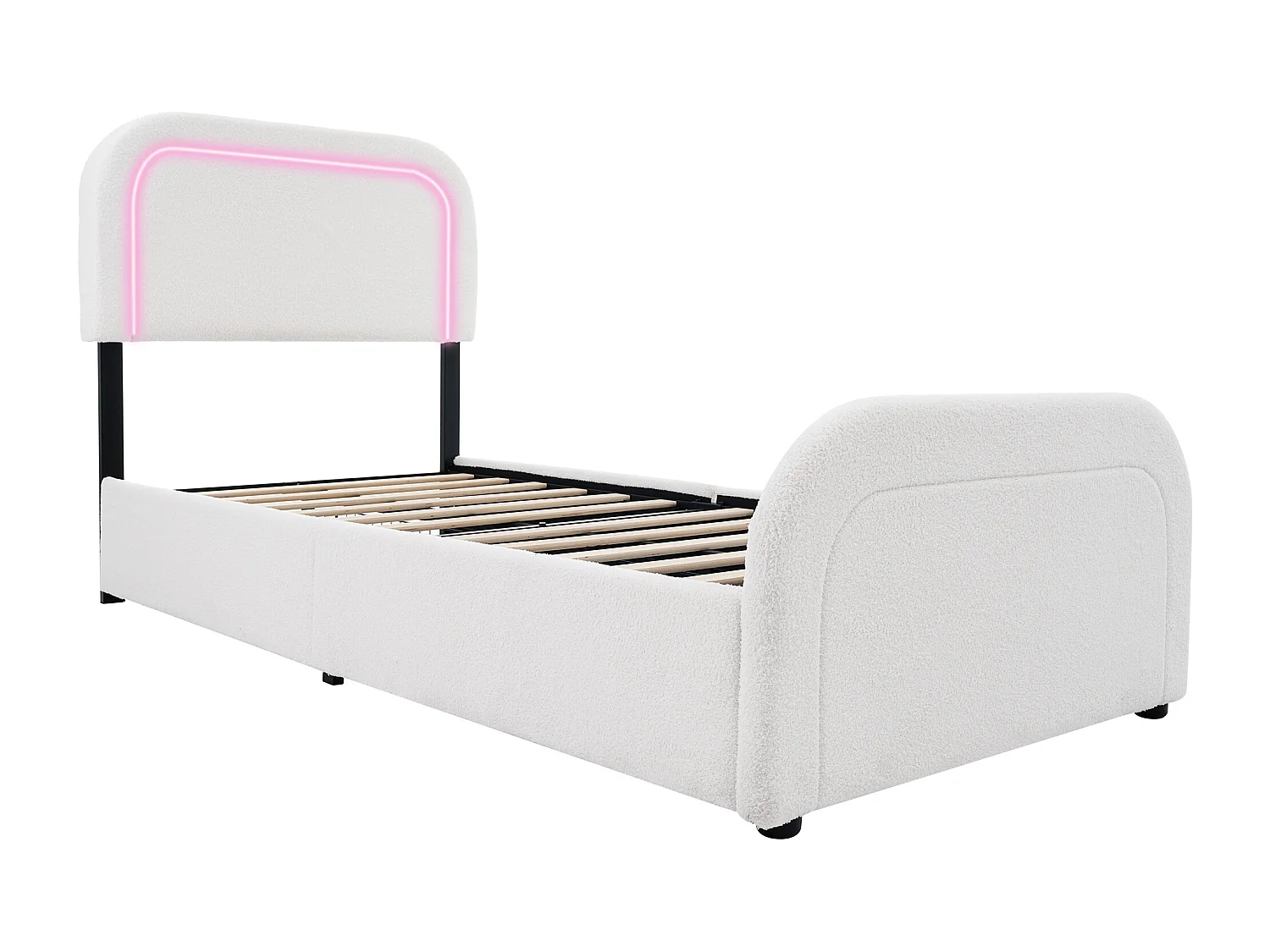 Lit enfant 90x200 cm avec USB Type-C, éclairage LED, 2 tiroirs, tête de lit réglable, en sherpa blanc (sans matelas)