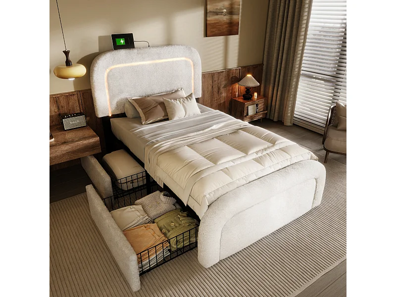 Cama solteiro 90x200 cm com USB Type-C, iluminação LED, 2 gavetas, cabeceira regulável, em sherpa branco (sem colchão)