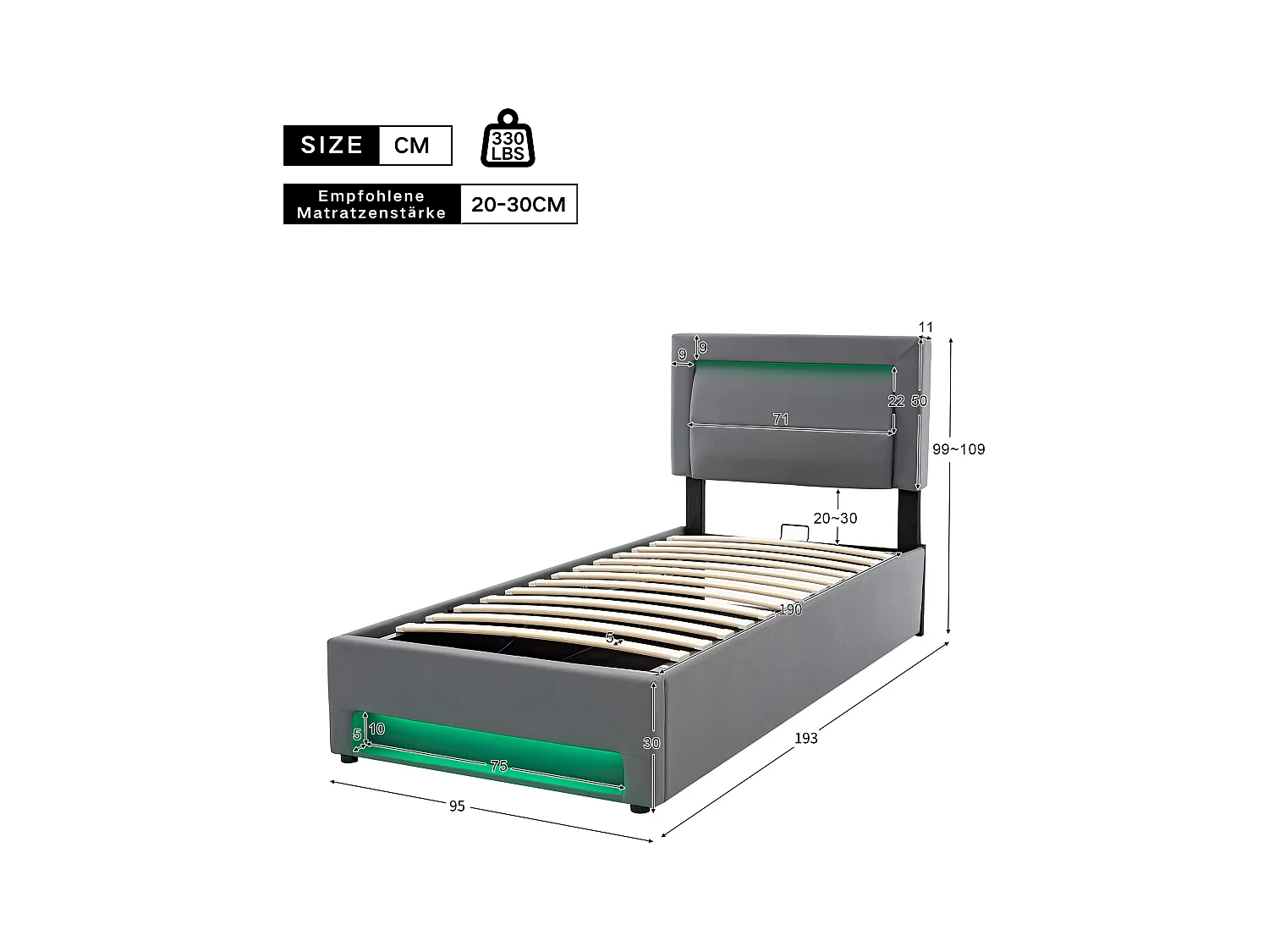 Lit coffre enfant 90x190 cm - Charge USB sans fil,LED - Tissu gris (sans matelas)