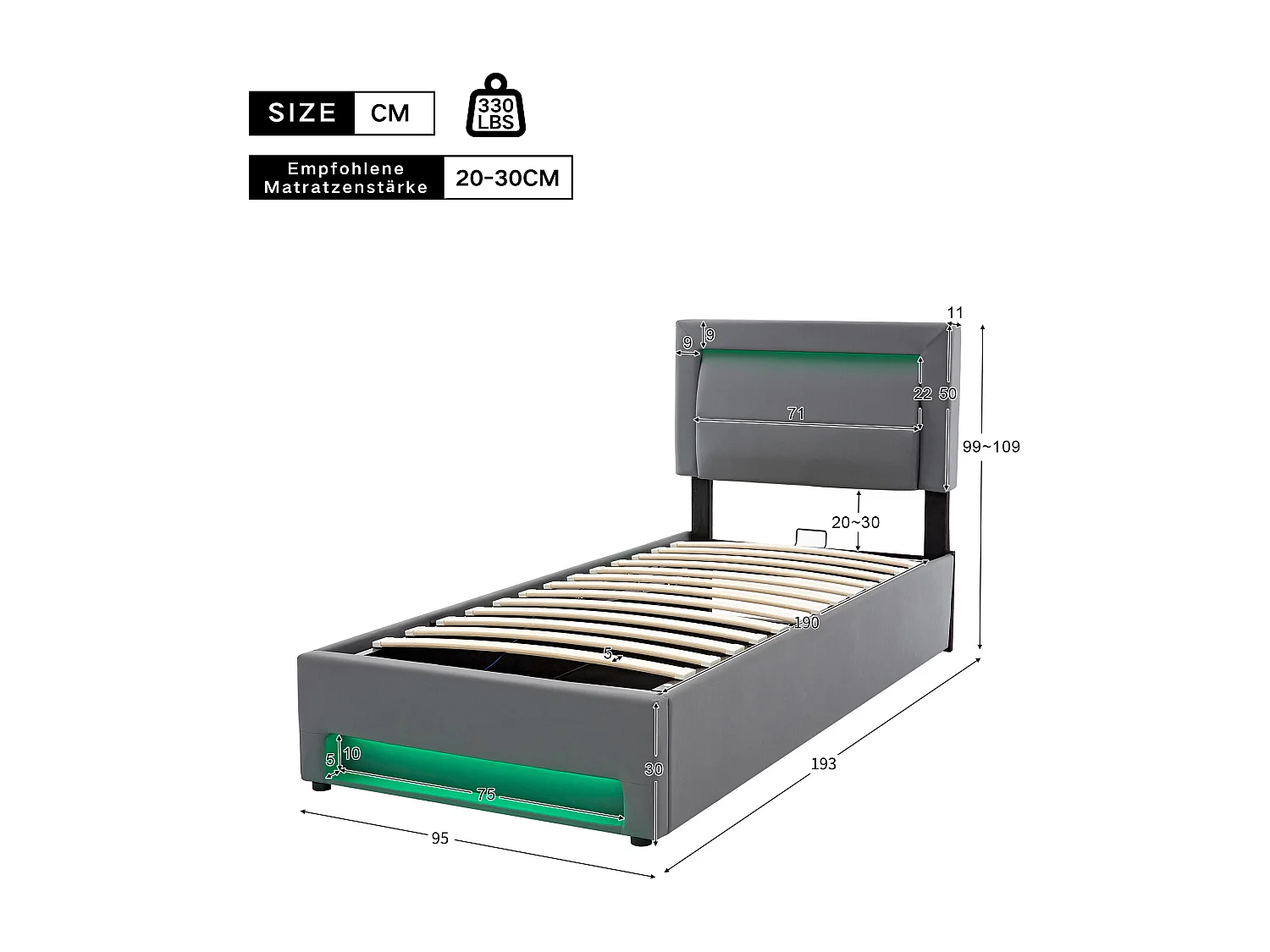 Eenpersoons opbergbed 90x190 cm – draadloos USB-opladen, LED – grijze stof (zonder matras)