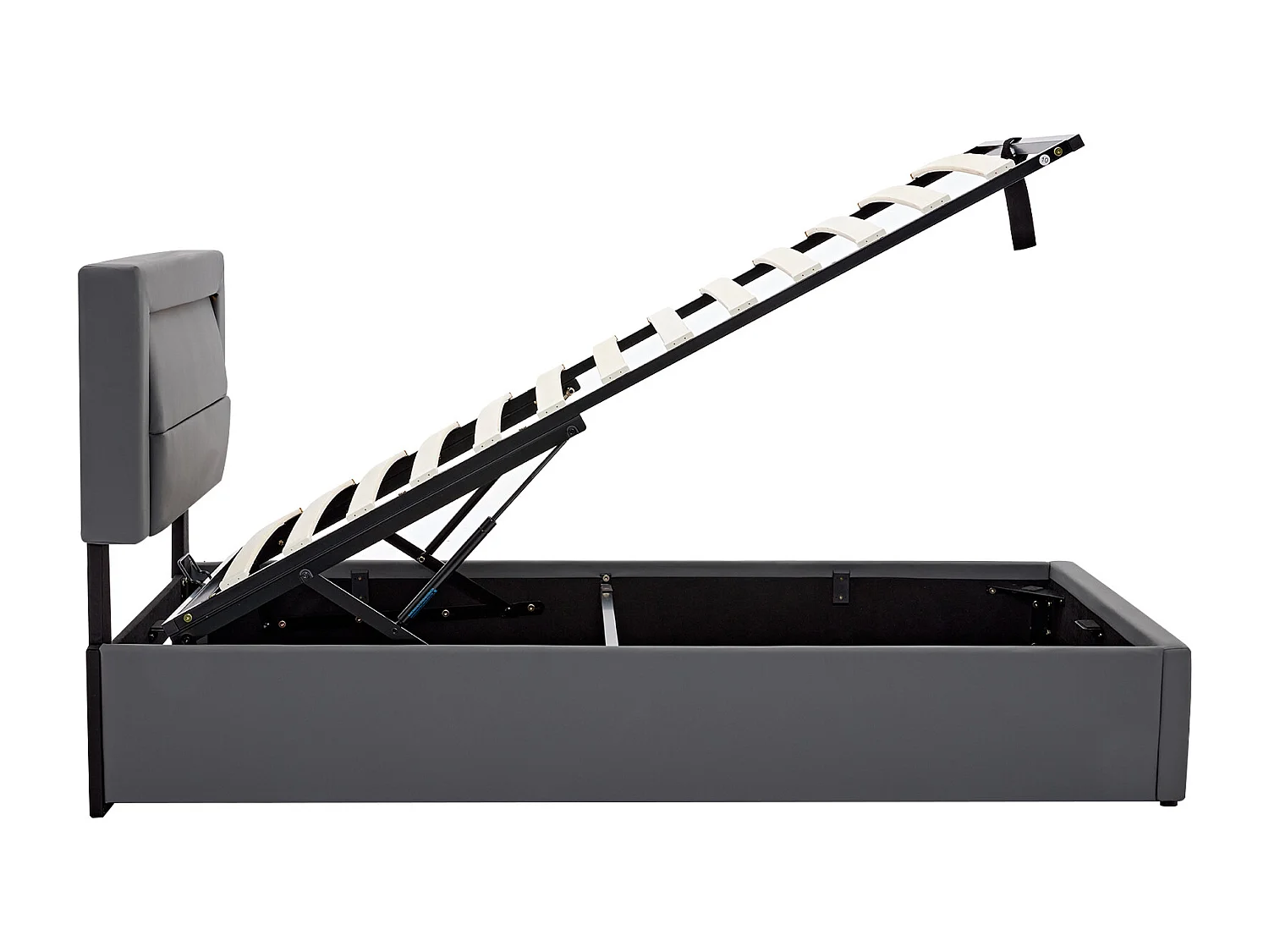 Eenpersoons opbergbed 90x190 cm – draadloos USB-opladen, LED – grijze stof (zonder matras)