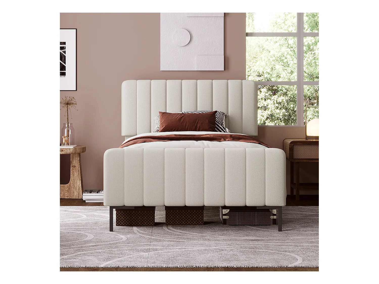 Cama individual 90x200 cm com estrado de ripas e cabeceira ajustável – estrutura em linho (sem colchão)