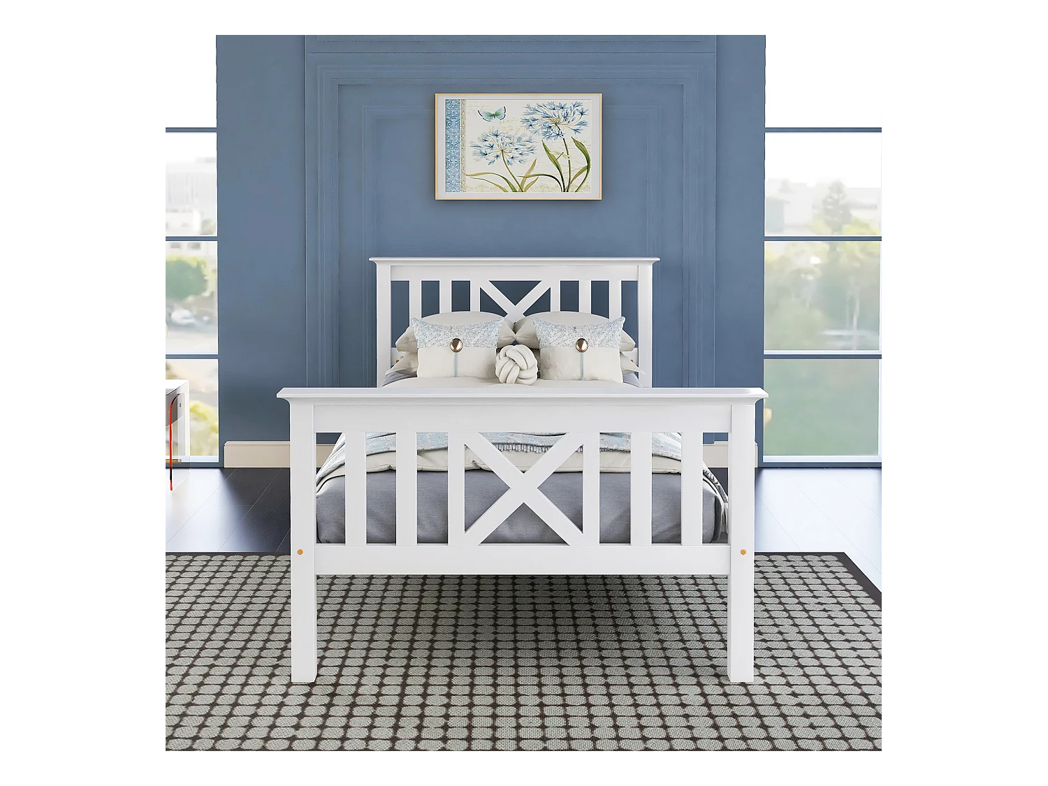 Lit enfant 90x200 cm - Structure bois naturel avec tête de lit - Pour enfant et adolescent - Blanc nature (sans matelas)