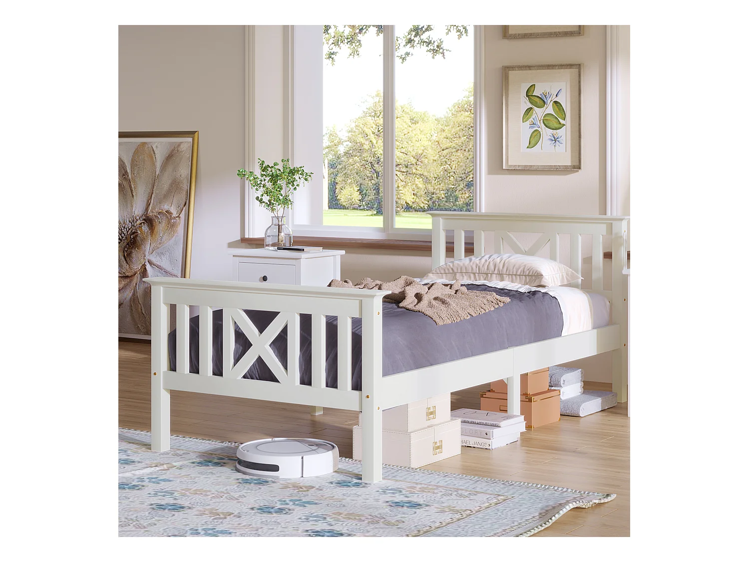 Lit enfant 90x200 cm - Structure bois naturel avec tête de lit - Pour enfant et adolescent - Blanc nature (sans matelas)