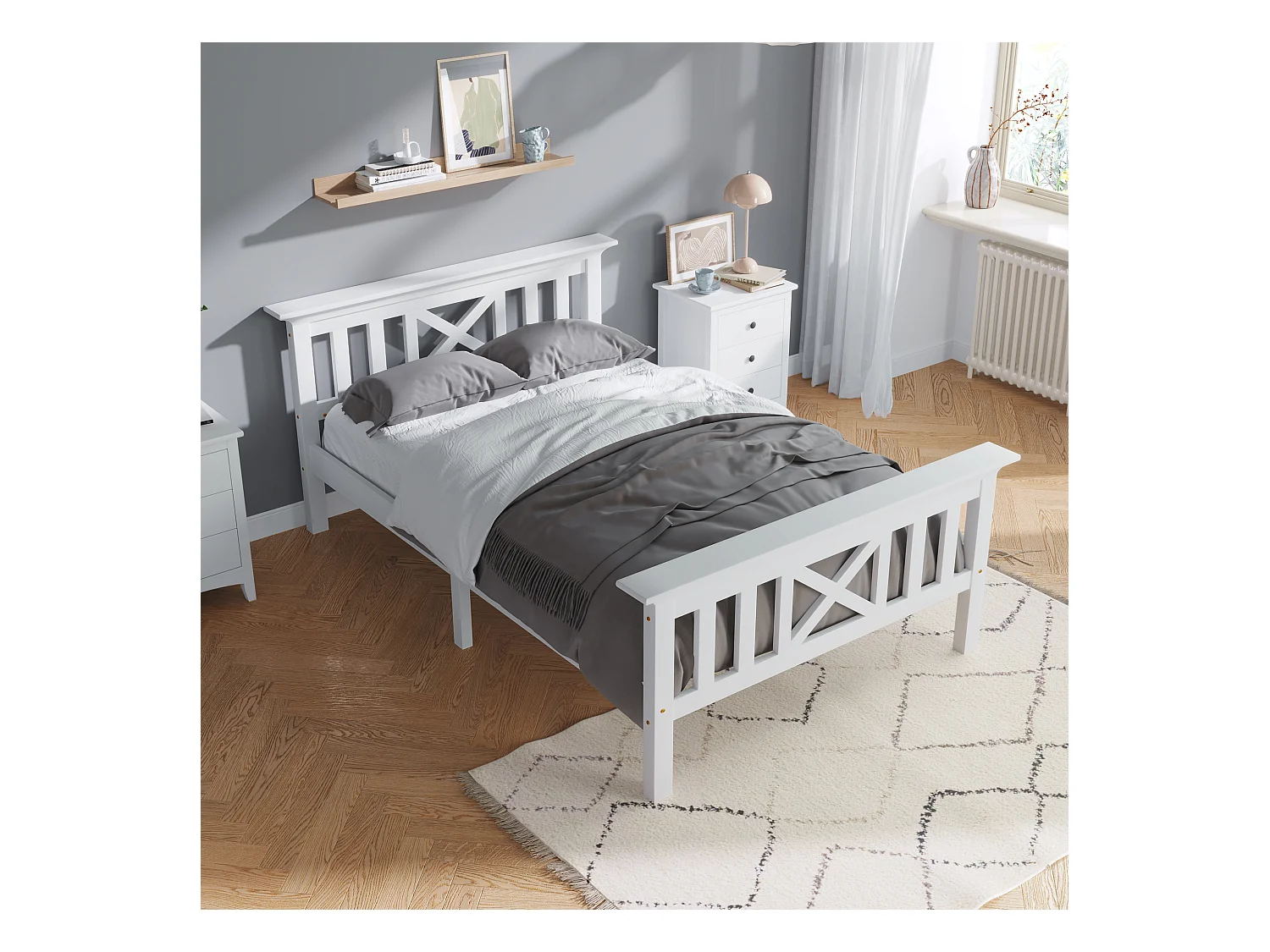 Eenpersoonsbed 90x200 cm - Natuurlijke houten structuur met hoofdbord - Voor kinderen en tieners - Natuurlijk wit (zonder matras)