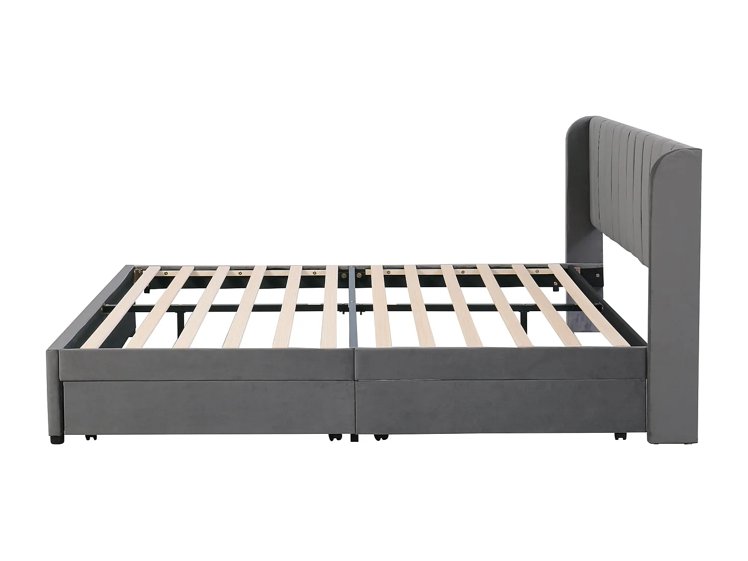 Lit adulte 180x200 cm en velours gris avec sommier, dossier et 2 tiroirs de rangement(sans matelas)