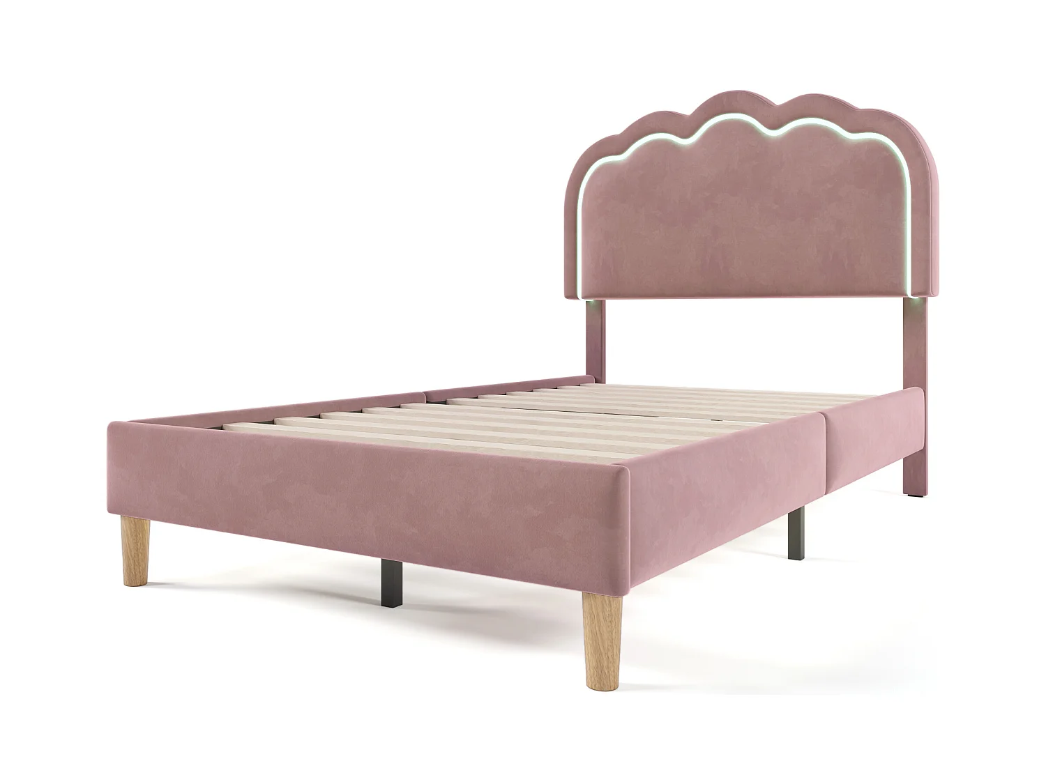 Lit enfant 90x200 cm avec éclairage LED, cadre avec sommier et tête de lit réglable, en velours rose(sans matelas)