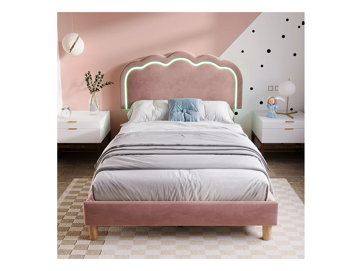 Cama individual 90x200 cm con luz LED, estructura con somier y cabecero ajustable, en terciopelo rosa (sin colchón)