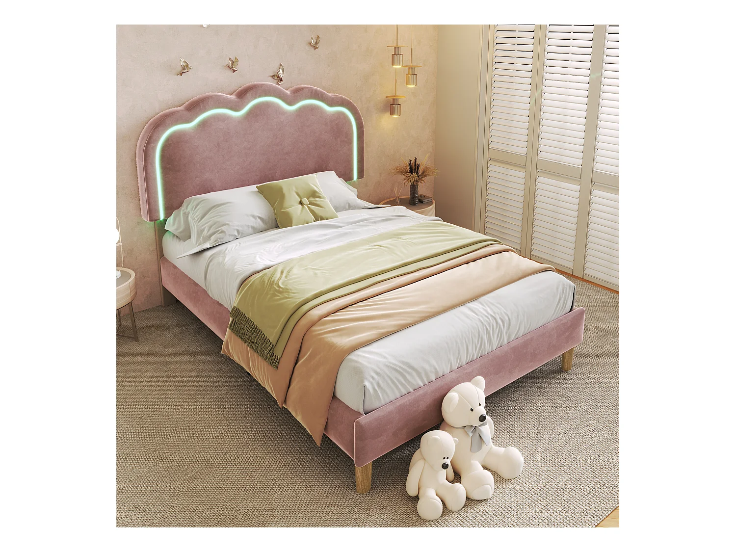 Lit enfant 90x200 cm avec éclairage LED, cadre avec sommier et tête de lit réglable, en velours rose(sans matelas)