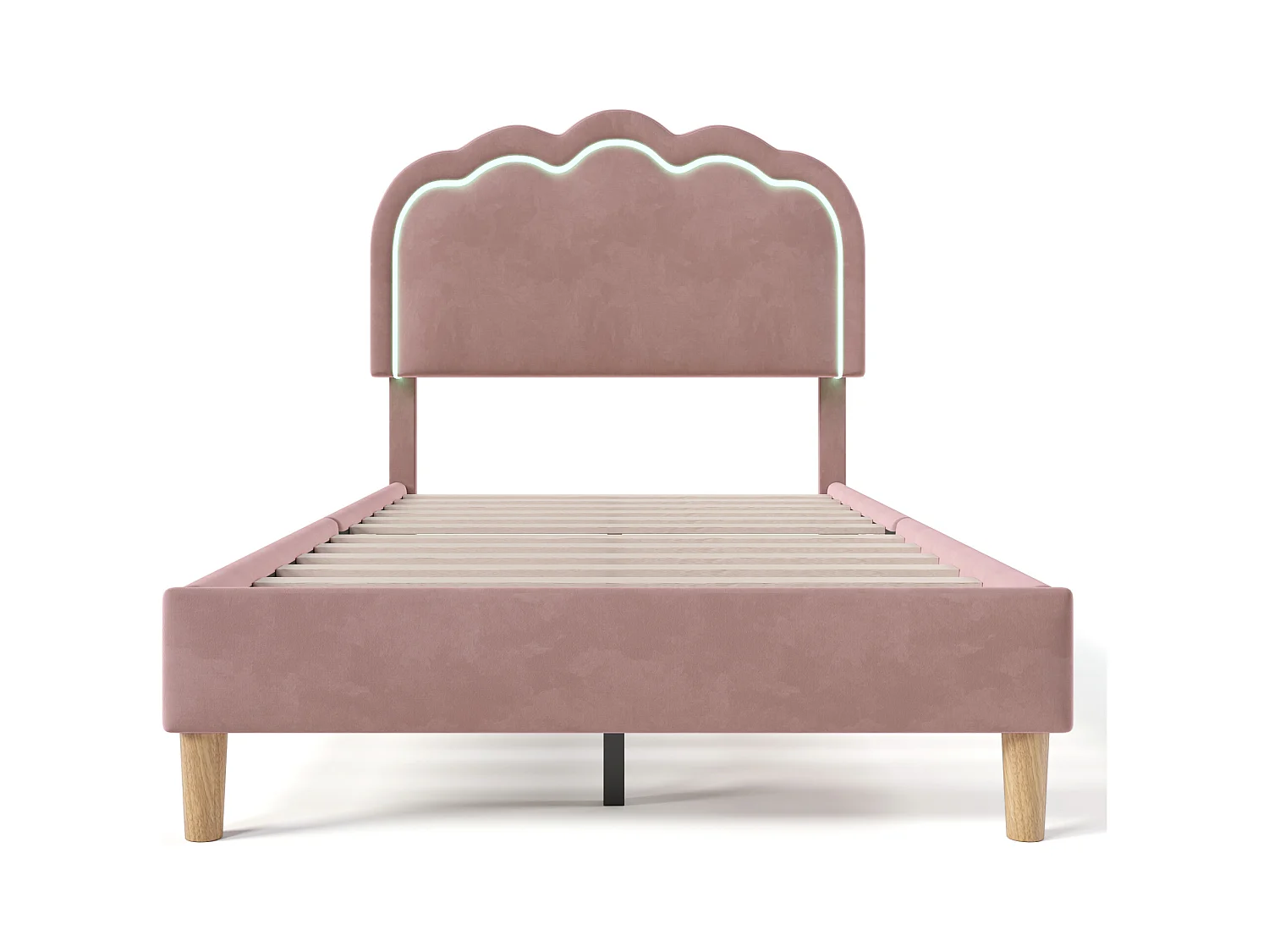 Lit enfant 90x200 cm avec éclairage LED, cadre avec sommier et tête de lit réglable, en velours rose(sans matelas)