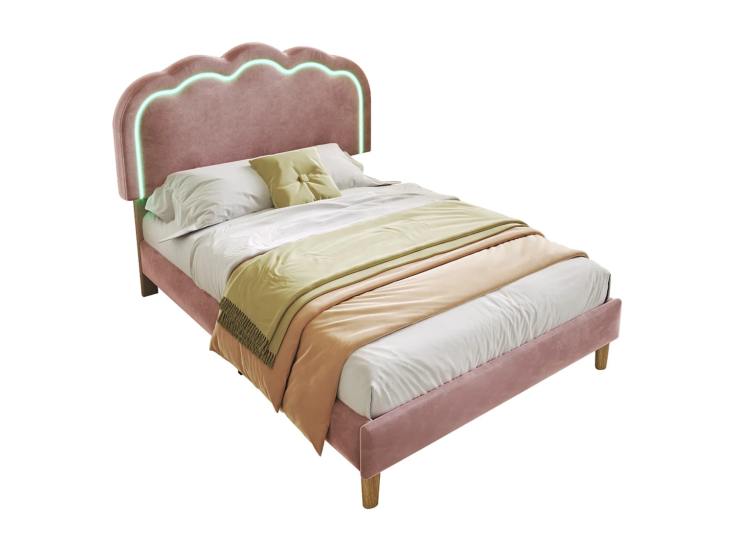 Cama individual 90x200 cm com iluminação LED, estrutura com estrado e cabeceira ajustável, em veludo rosa (sem colchão)