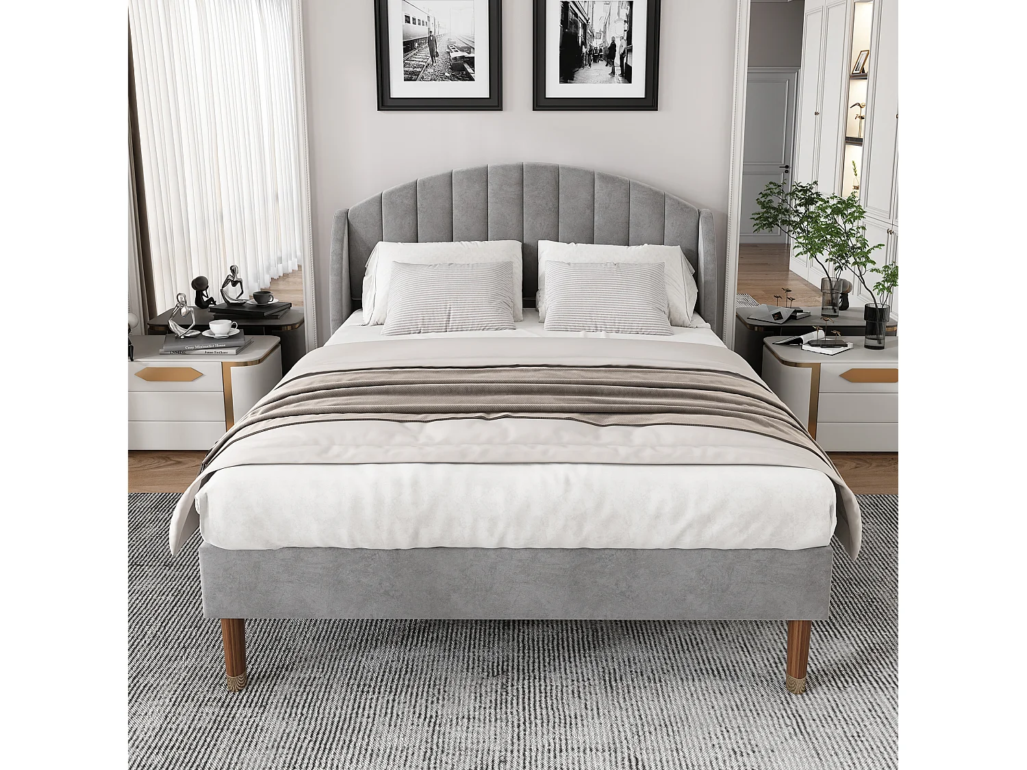 Lit adulte 160x200 cm en velours gris, support en lattes de bois, pour adultes et adolescents(sans matelas)