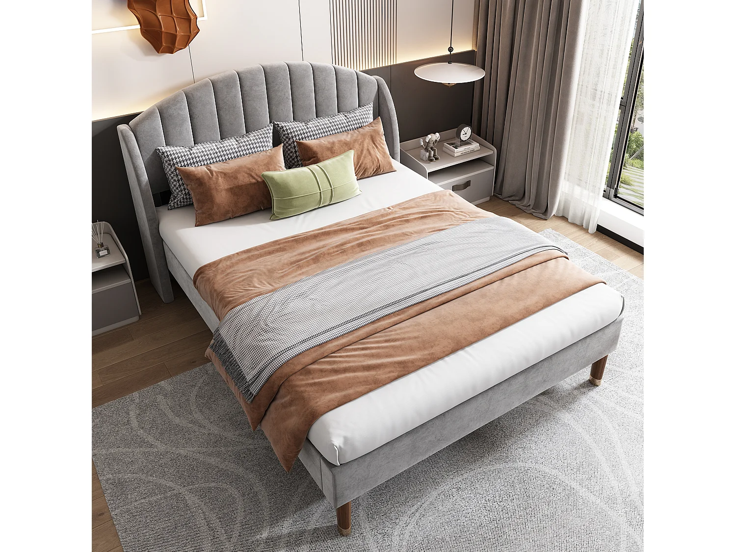 Lit adulte 160x200 cm en velours gris, support en lattes de bois, pour adultes et adolescents(sans matelas)