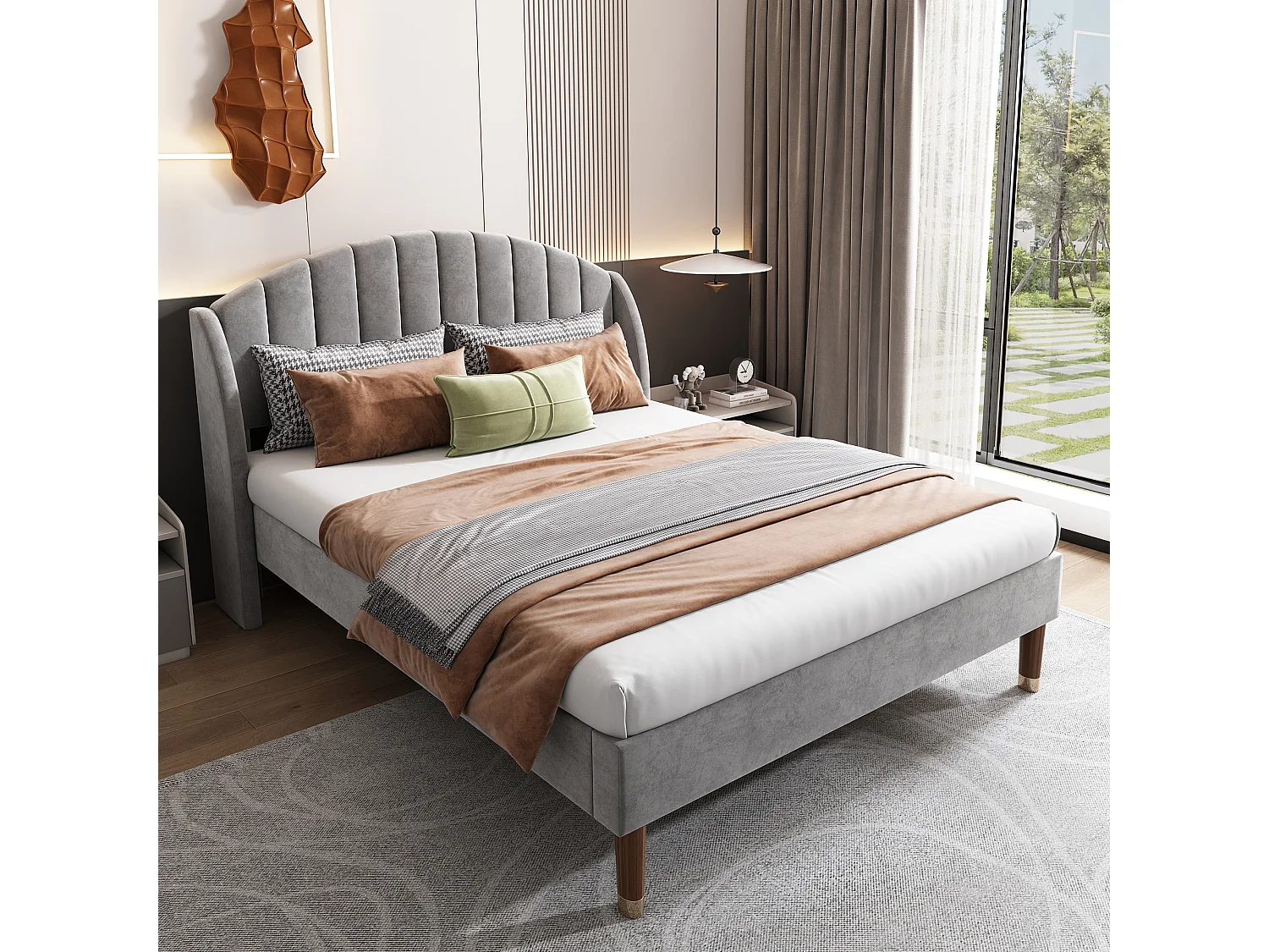 Lit adulte 160x200 cm en velours gris, support en lattes de bois, pour adultes et adolescents(sans matelas)