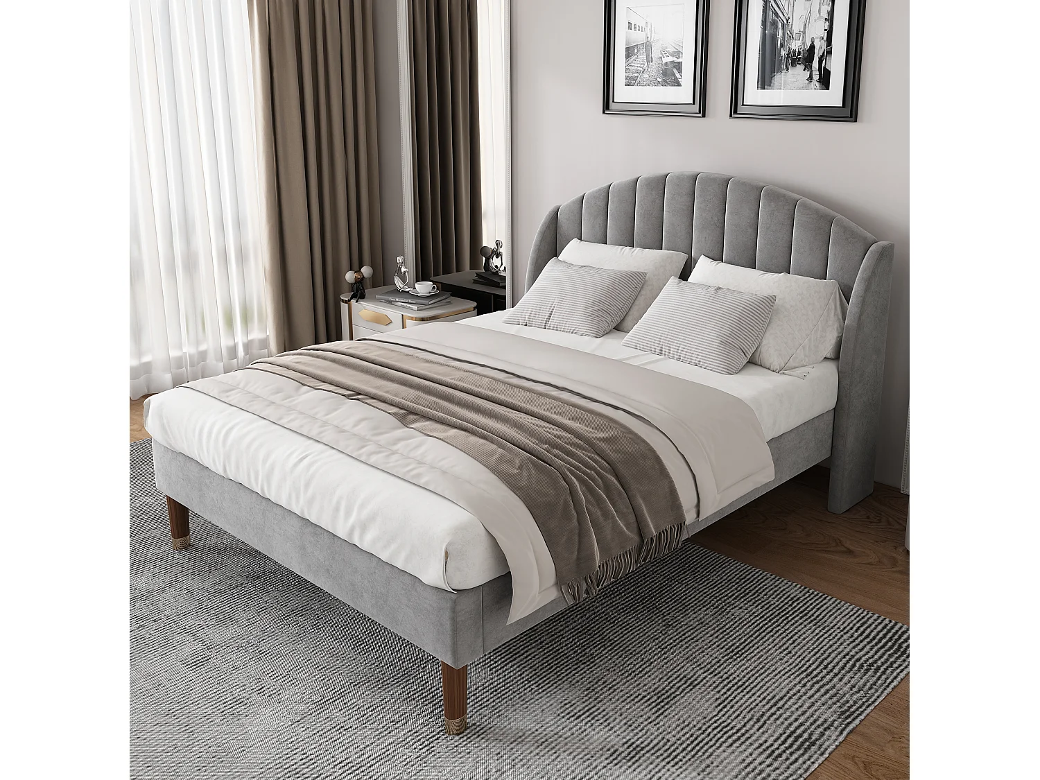 Lit adulte 160x200 cm en velours gris, support en lattes de bois, pour adultes et adolescents(sans matelas)