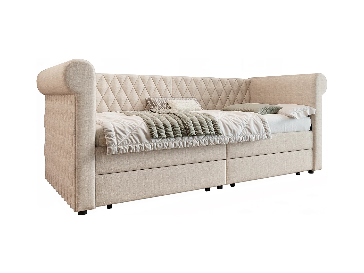 Vintage ombouwbed 90x200 cm - Gestoffeerd hoofdeinde, opbergruimte - Beige linnen (zonder matras)