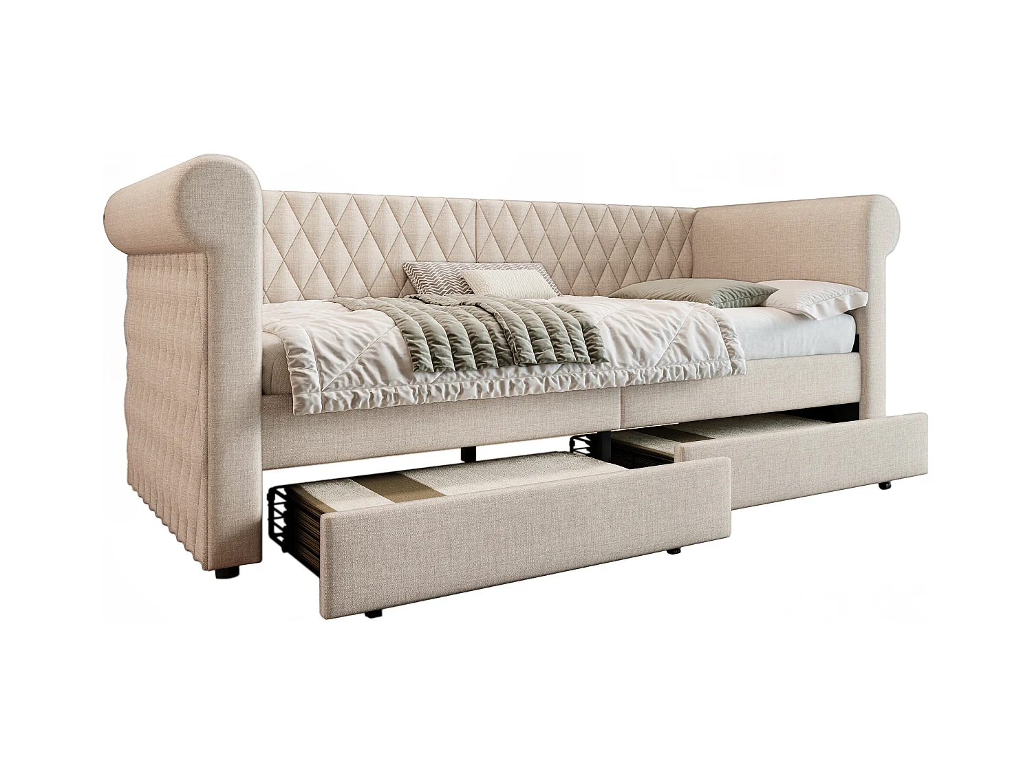 Lit vintage convertible 90x200 cm - Tête de lit capitonnée, rangement - Lin beige (sans matelas)