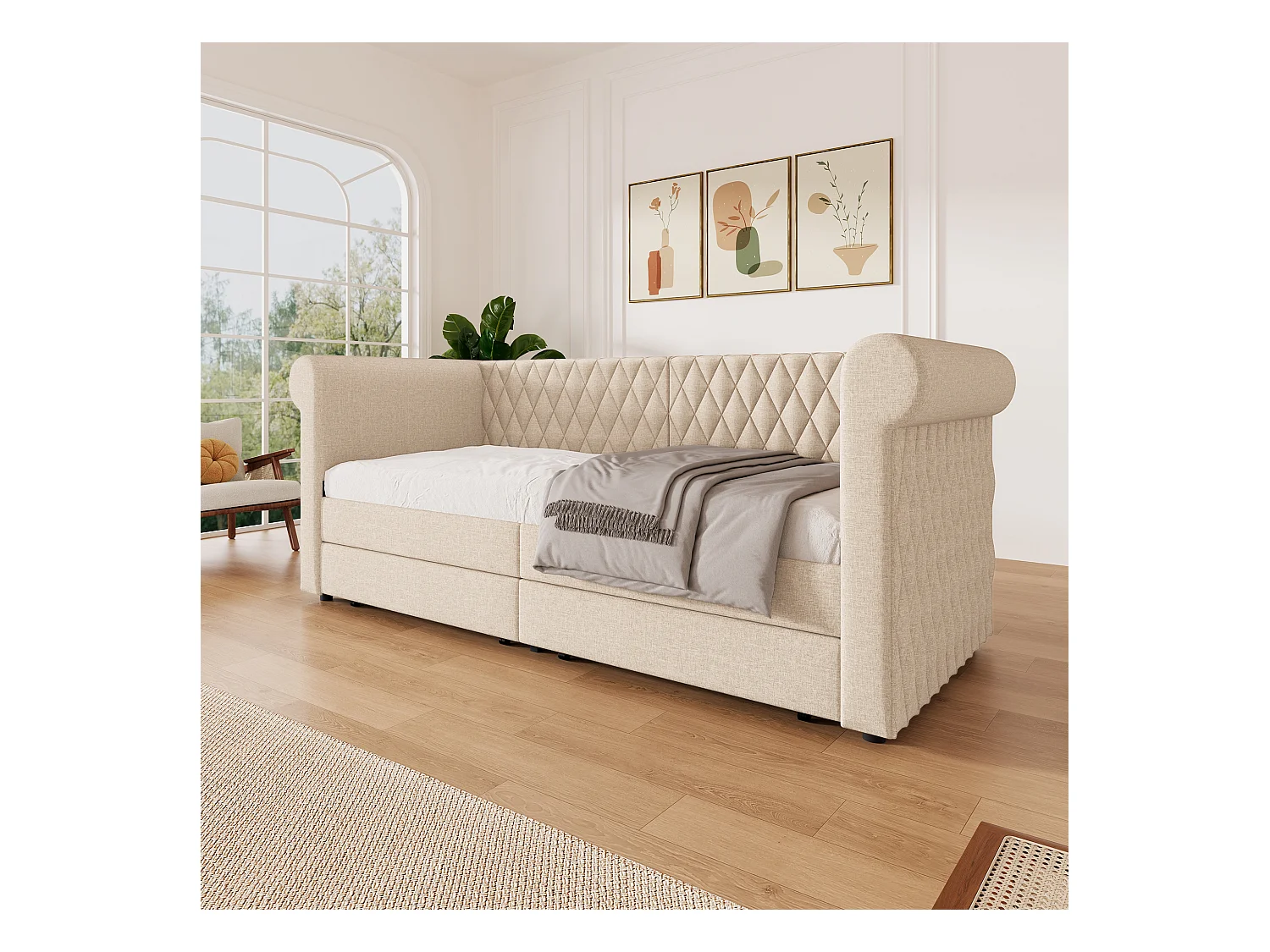 Lit vintage convertible 90x200 cm - Tête de lit capitonnée, rangement - Lin beige (sans matelas)