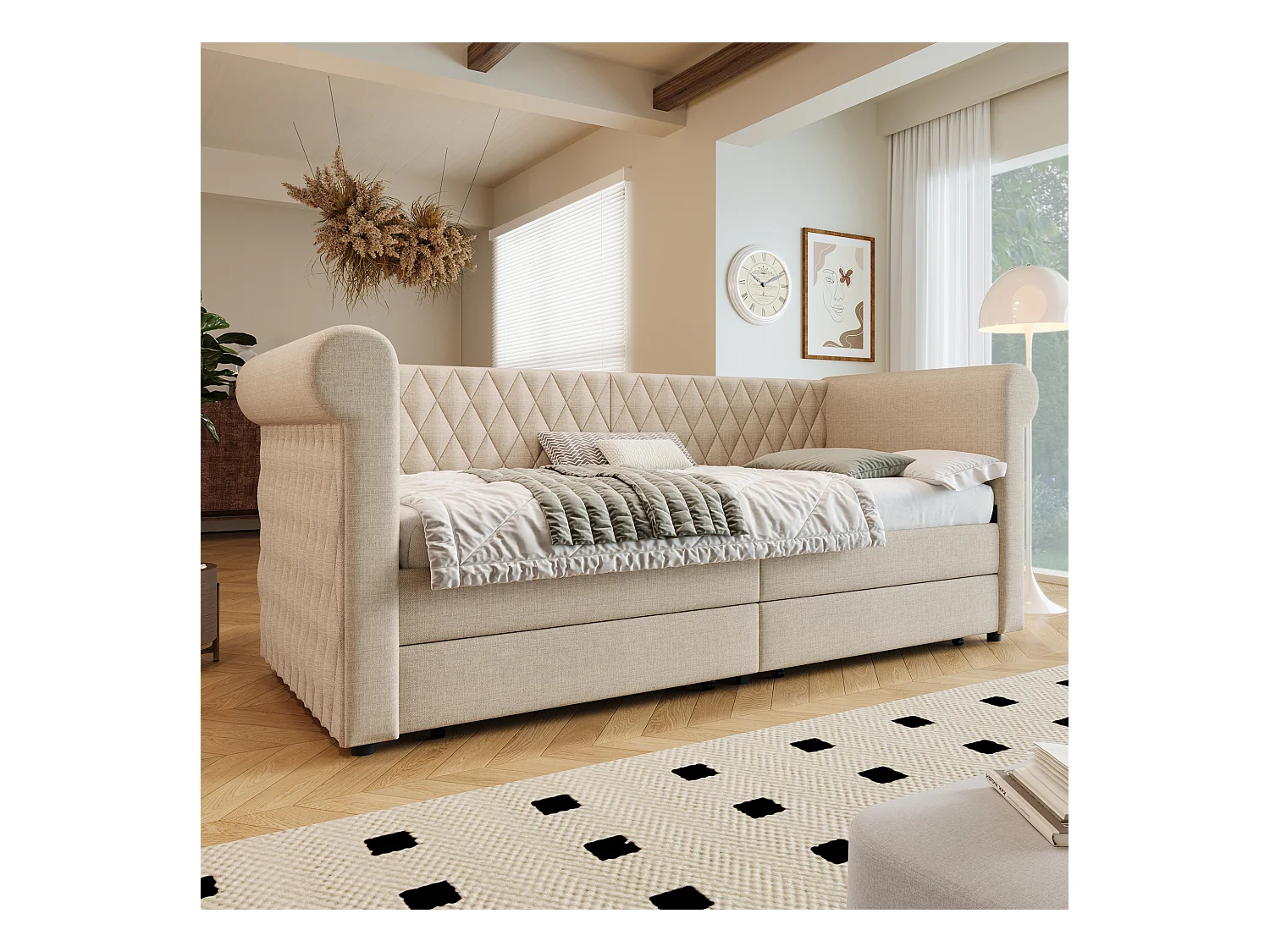 Lit vintage convertible 90x200 cm - Tête de lit capitonnée, rangement - Lin beige (sans matelas)