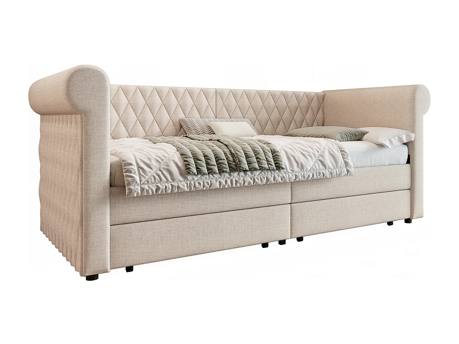 Lit vintage convertible 90x200 cm - Tête de lit capitonnée, rangement - Lin beige (sans matelas)