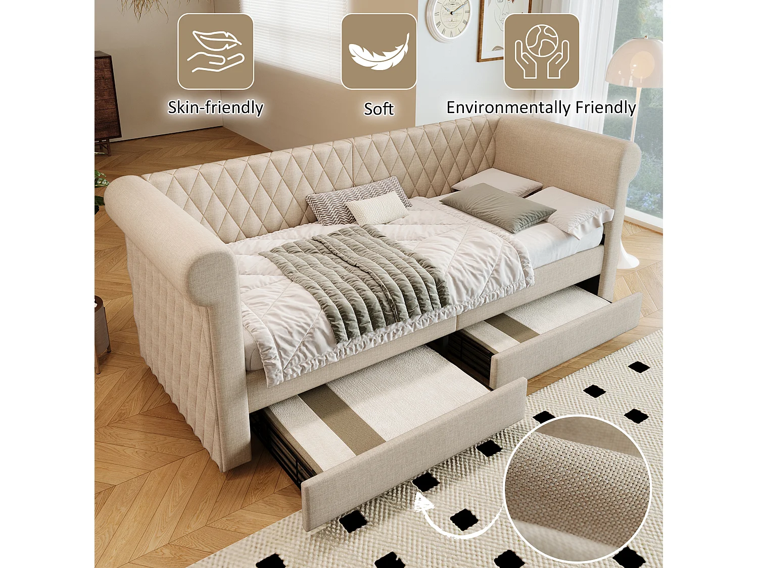 Lit vintage convertible 90x200 cm - Tête de lit capitonnée, rangement - Lin beige (sans matelas)