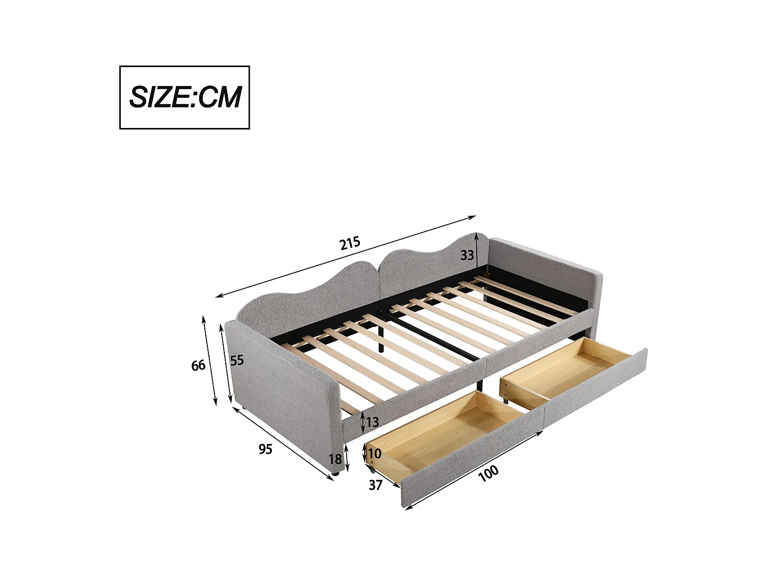 Lit enfant 90x200 cm convertible en canapé - Rangement intégré & tissu teddy doux(sans matelas)