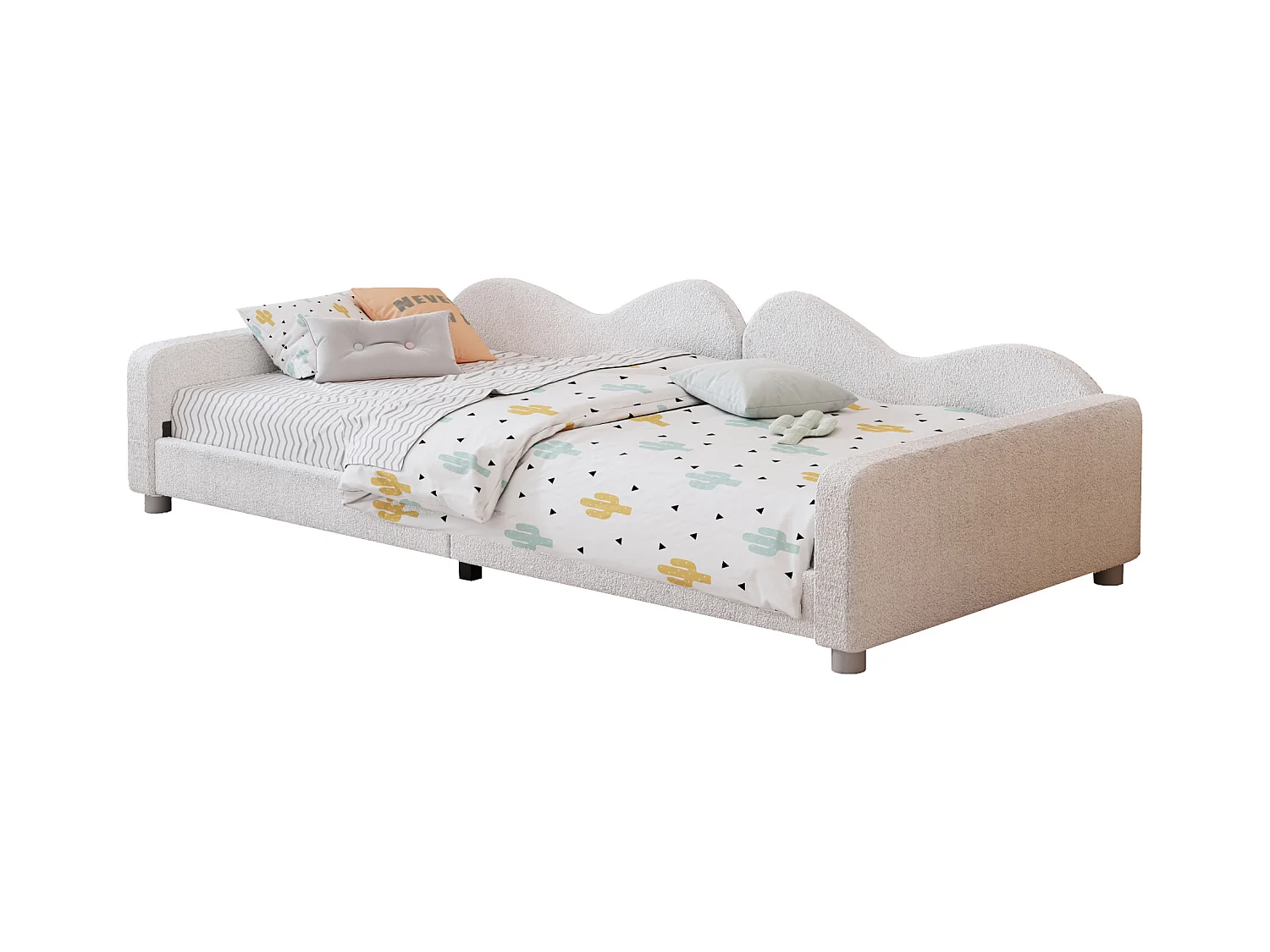 Lit enfant multifonction 90x200 cm - Convertible en canapé - Tissu teddy blanc (sans matelas)