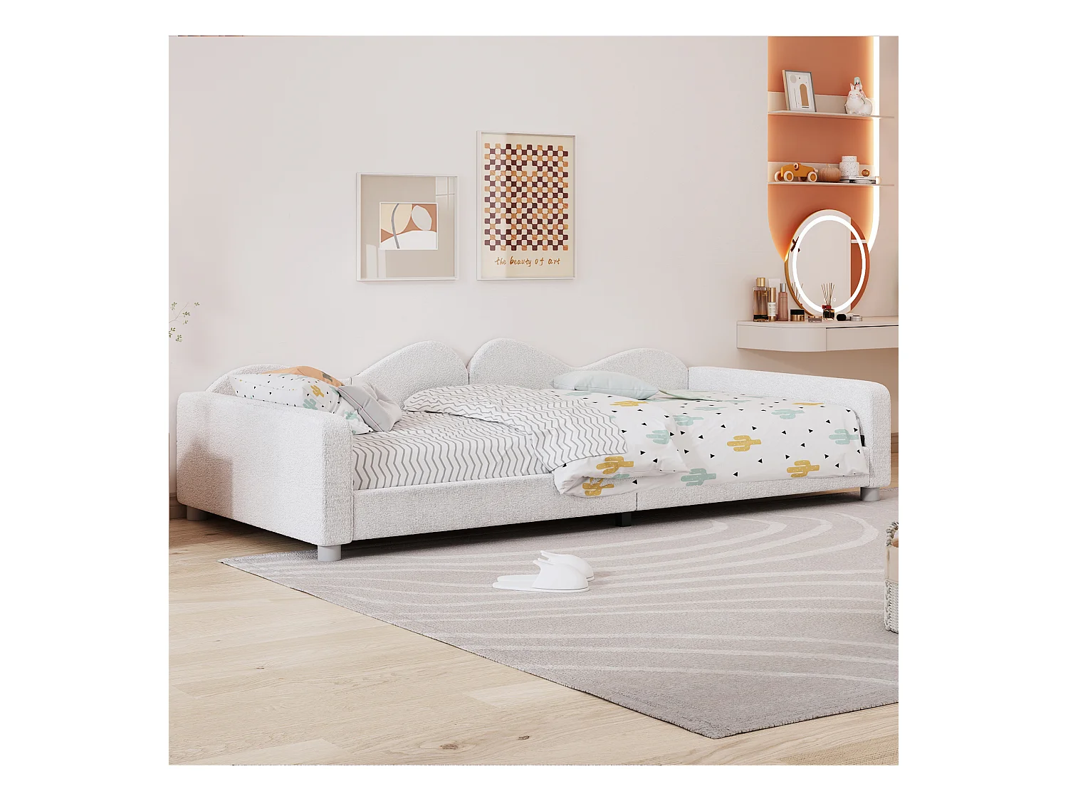 Lit enfant multifonction 90x200 cm - Convertible en canapé - Tissu teddy blanc (sans matelas)
