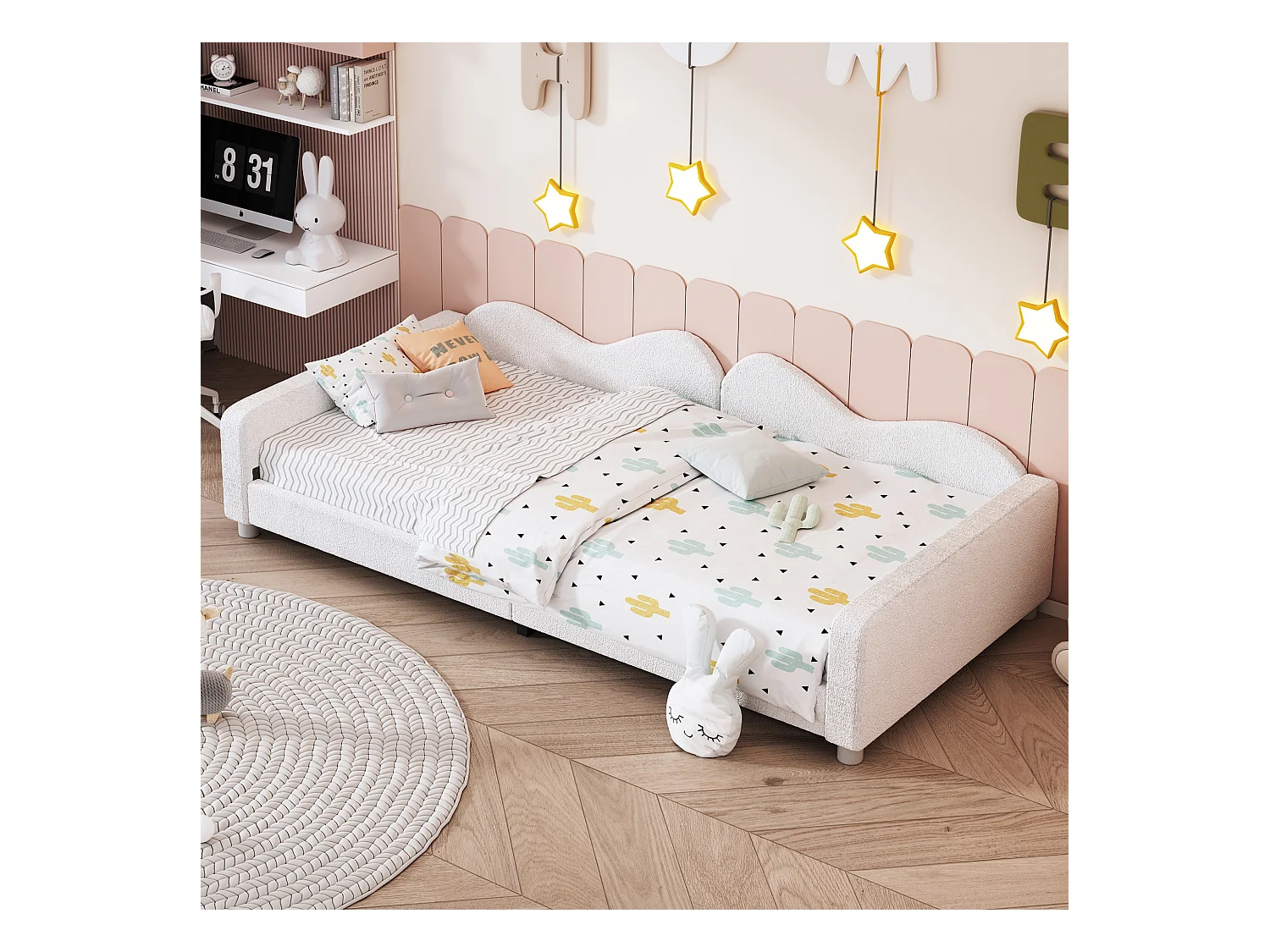 Lit enfant multifonction 90x200 cm - Convertible en canapé - Tissu teddy blanc (sans matelas)