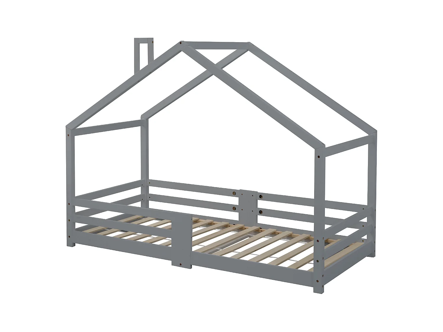 Cama infantil em forma de casinha 90x200 cm - Barreiras de segurança antiqueda - Madeira natural pintada de cinza (sem colchão)