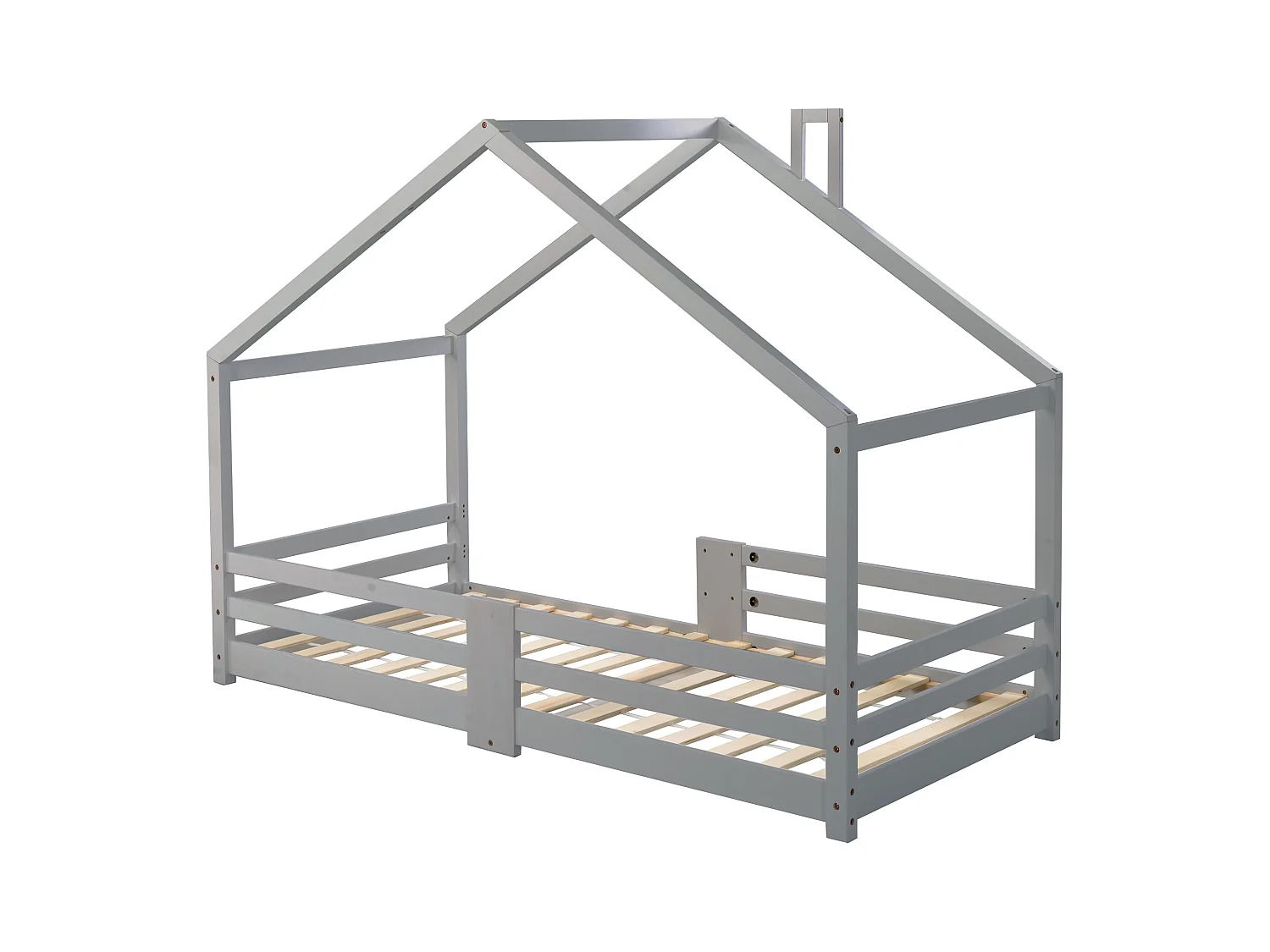 Cama infantil em forma de casinha 90x200 cm - Barreiras de segurança antiqueda - Madeira natural pintada de cinza (sem colchão)