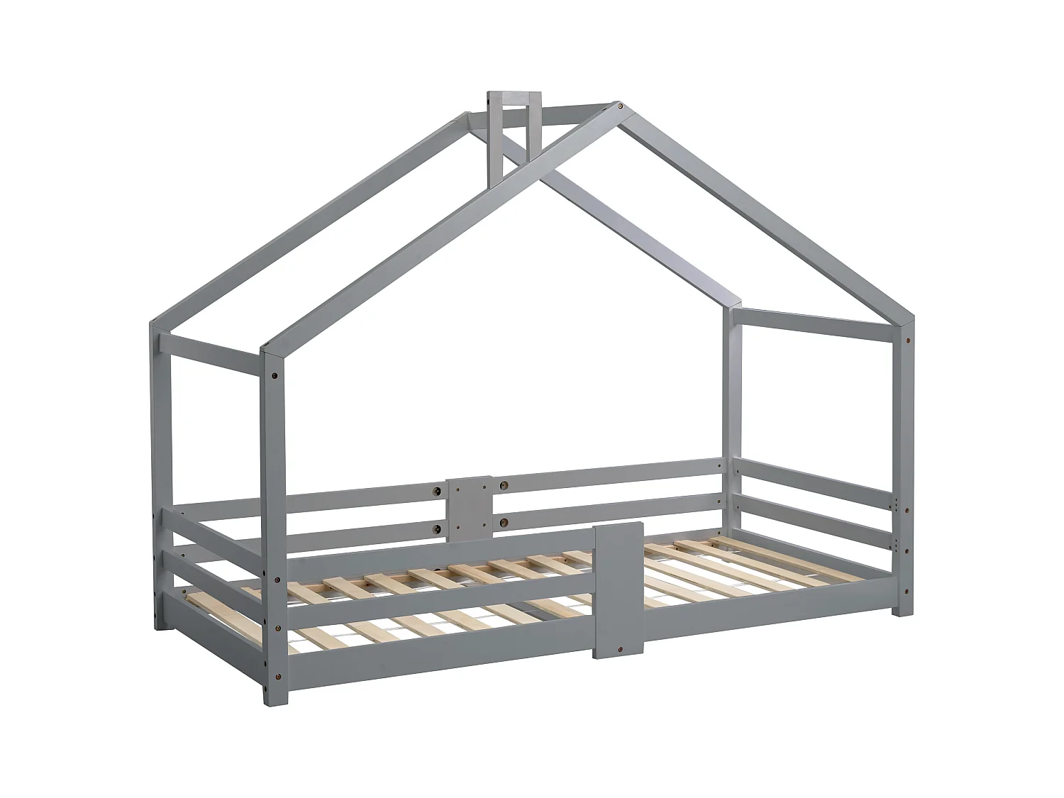 Cama infantil em forma de casinha 90x200 cm - Barreiras de segurança antiqueda - Madeira natural pintada de cinza (sem colchão)