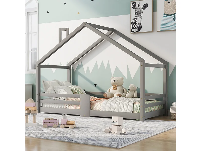 Lit enfant 90x200 cm - Barrières de sécurité anti-chute - Bois naturel peint gris (sans matelas)