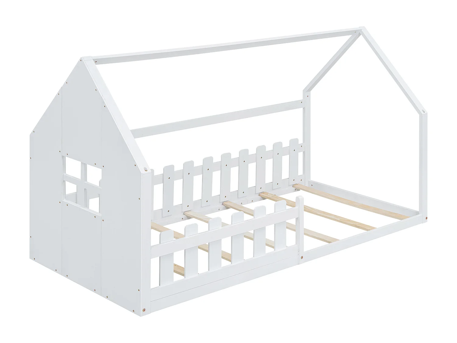 Lit cabane enfant 90x200 cm - avec barreaux de sécurité - Structure en bois blanc - Style scandinave épuré (sans matelas)