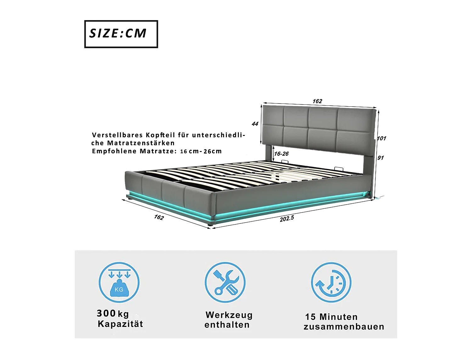 Lit coffre adulte 160x200 cm, Tête de lit réglable, LED sur 3 côtés, en PU Gris, sans matelas