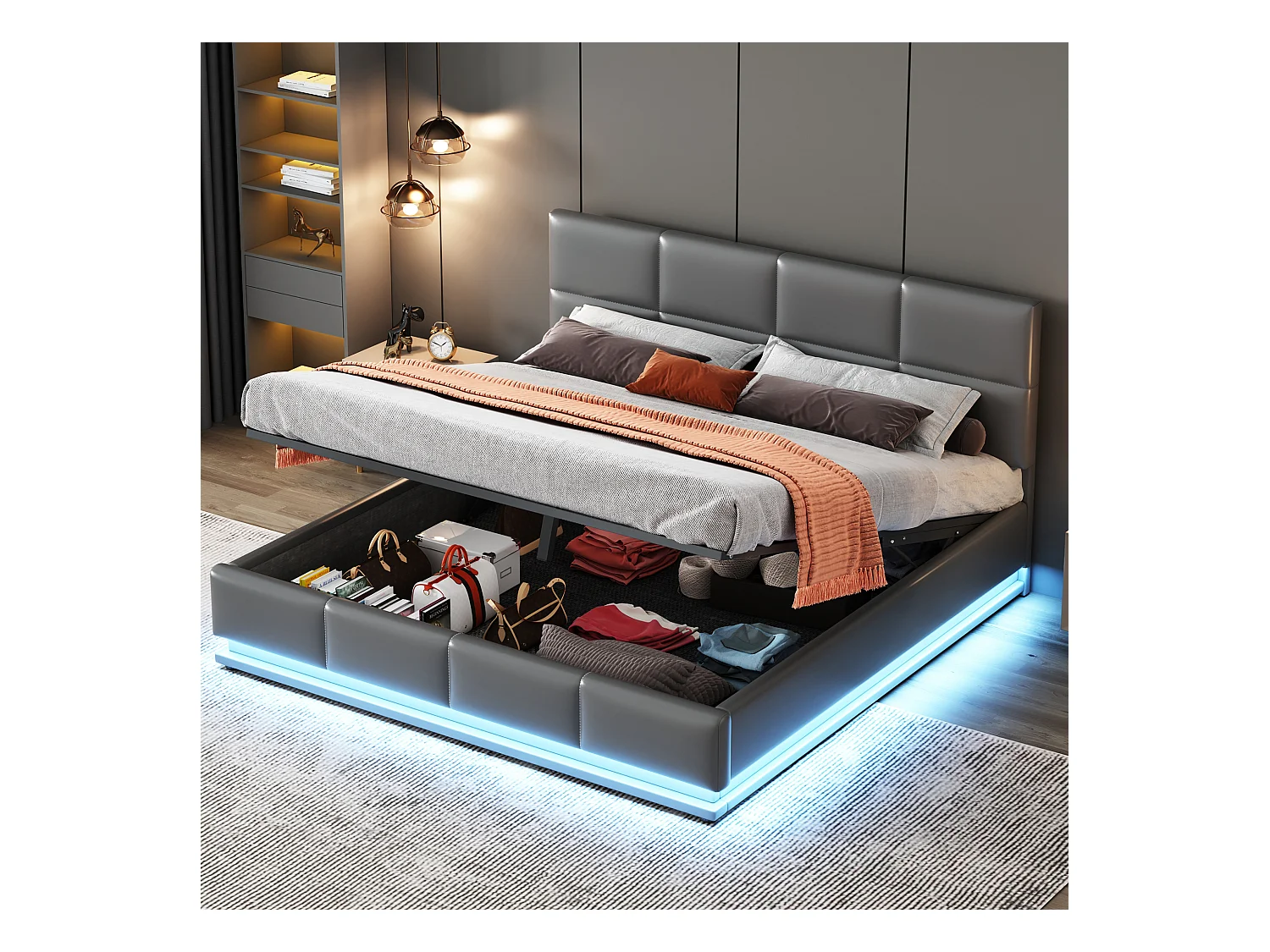 Lit coffre adulte 160x200 cm, Tête de lit réglable, LED sur 3 côtés, en PU Gris, sans matelas